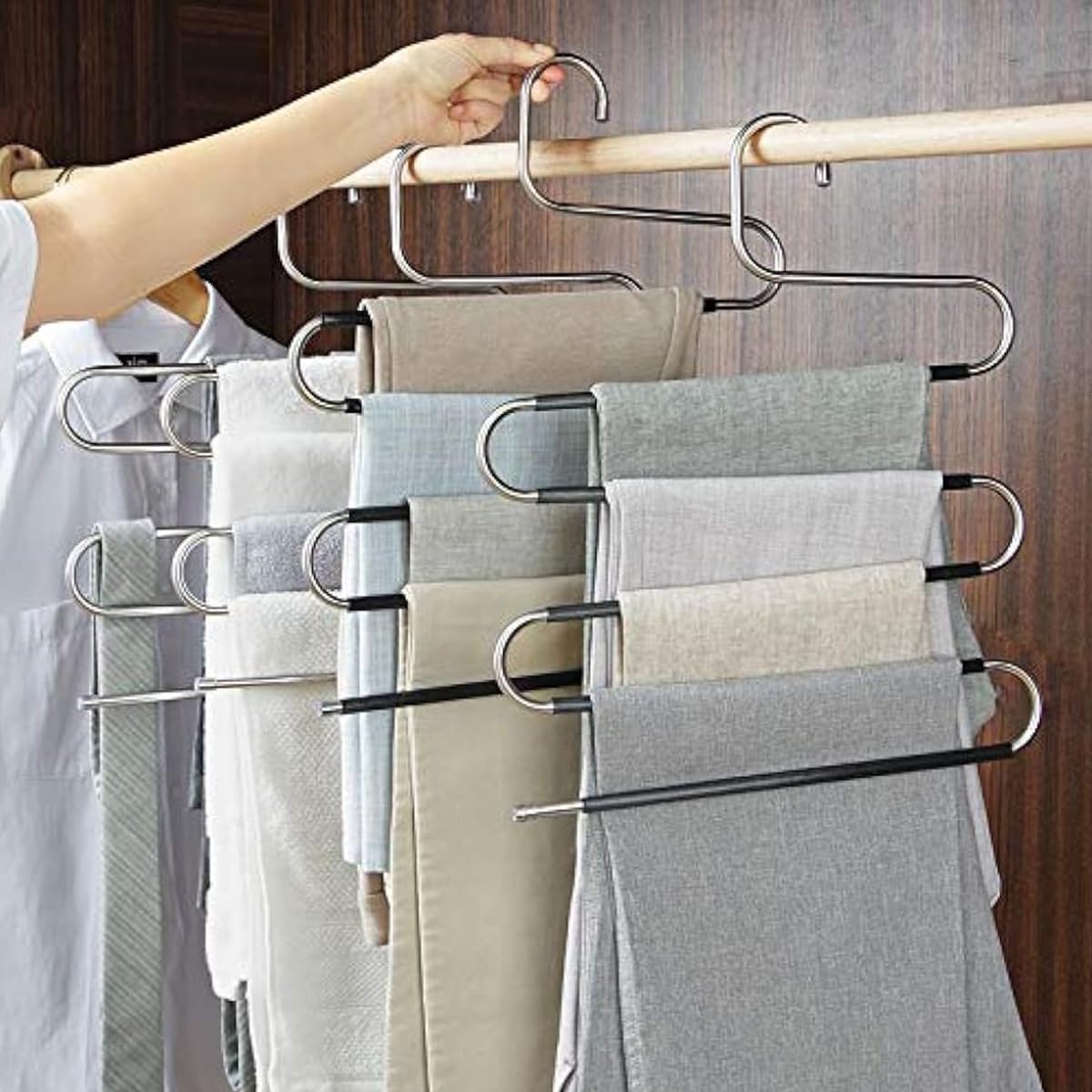 HASTHIP 2 Pcs Stainless Steel Wardrobe Hanger, S-Shape Non-Slip Multi Trousers Tie Scarf Hanger, Space Saving, Durable Clothes Hanger with Anti-Slip PVC Sleeves - Holds Upto 6 Garments
