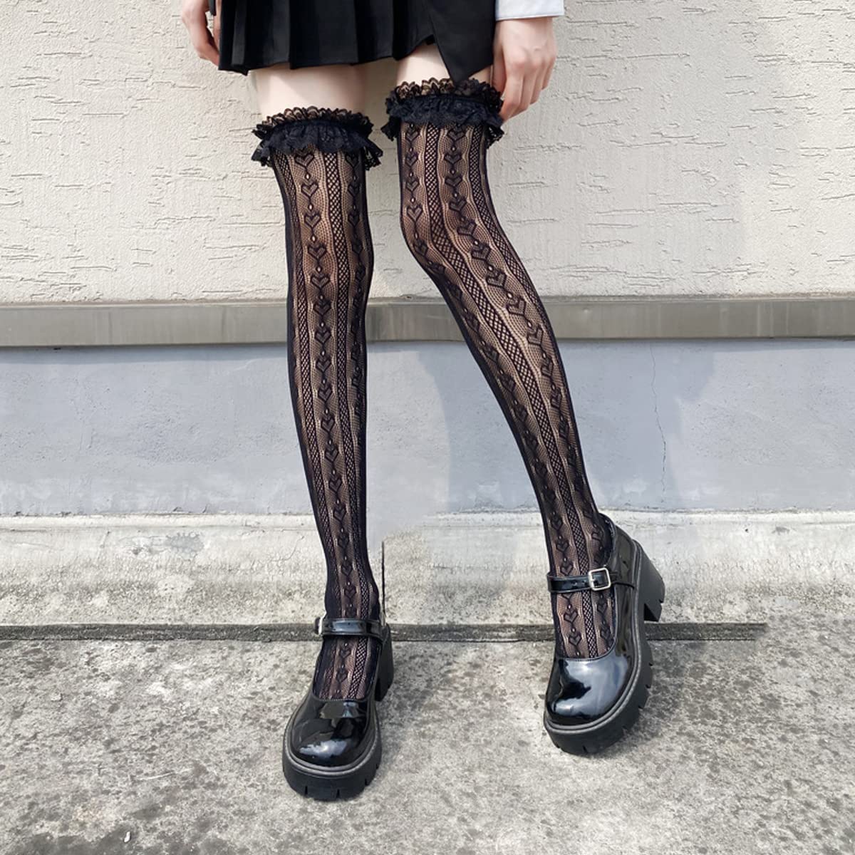 PALAY Lace Knee Length Socks for Women Girls, Lolita Fishnet Thigh High Stockings Heart Striped Ruffled Over Knee High Socks, Fashion Sweet Hollow Out Long Socks (Black, 1 Pair)