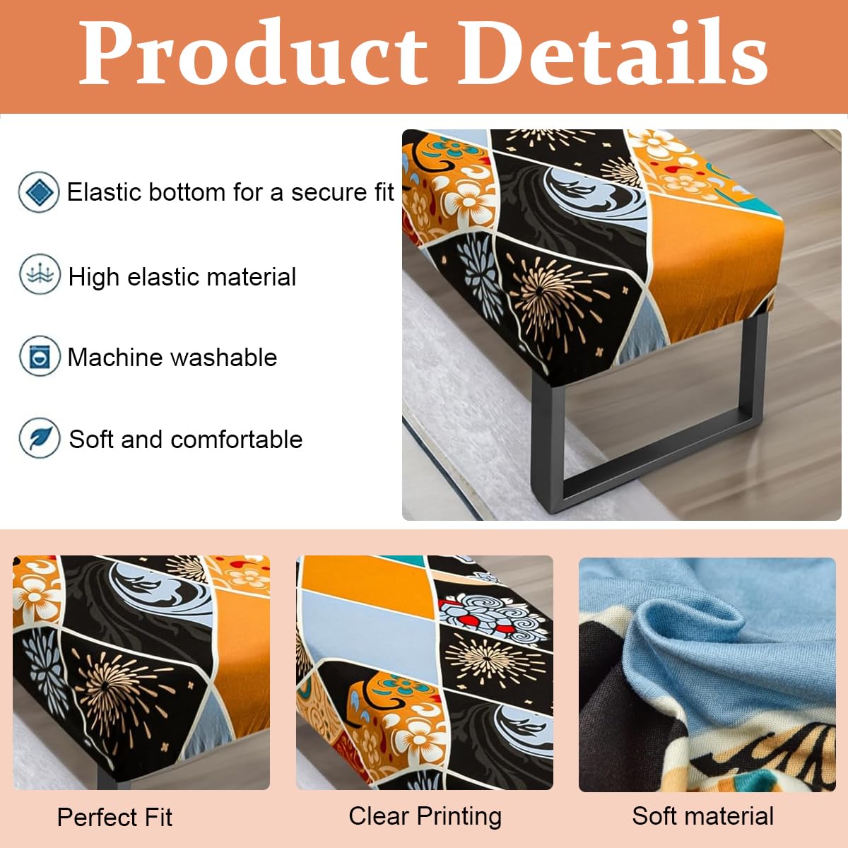 HASTHIP Stretchy Bench Seat Cover Anti-scratch Dacron Cover for Living Room Bench Floral Print Bench Cover Leather Bench Seat Protector Cover for Piano Bench, Entryway Bench Anti-Dust Removable Bench