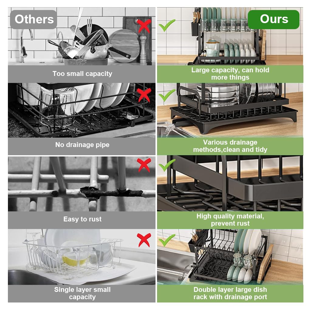 Supvox Dish Drying Rack Kitchen Organizer Countertop Double Layer Dish Drain Rack Kitchen Organizer Cup Drying Rack Kitchen Carbon Steel Plates Drying Rack Large Dish Drainer Kitchen Organizer