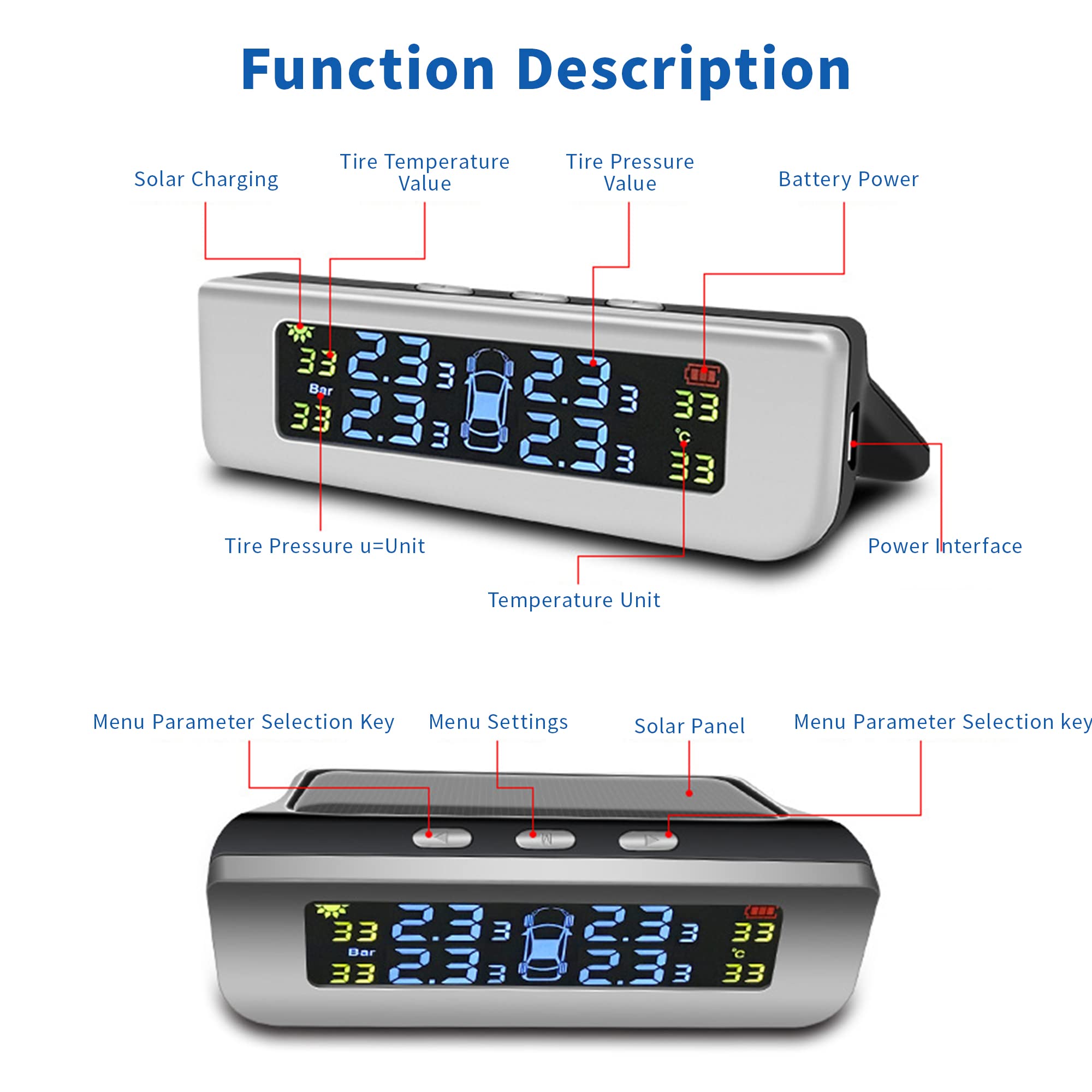 STHIRA Tyre Pressure Monitor Tpms For Cars, Solar Car Tyre Pressure Monitoring System For Car With 4 External Sensors, Tire Pressure Monitor With 3 Digital Accrate Real-Time LCD Display, 0-51PSI