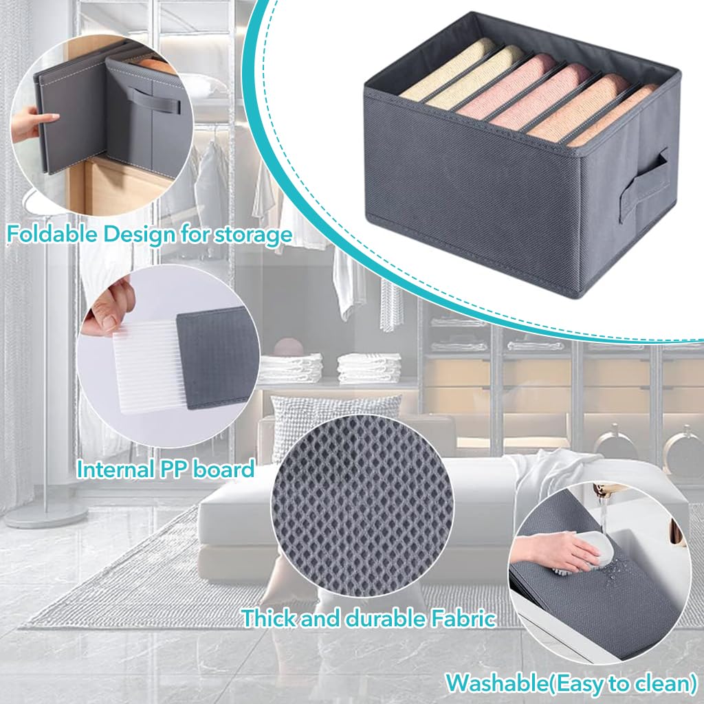 HASTHIP 3Pcs Clothes Organiser for Wardrobe, 6-Drawer Compartment Design, Space-Saving Clothes Storage Boxes with Handles for Clothes, T-Shirt, Legging, Shorts (44x25x22cm)