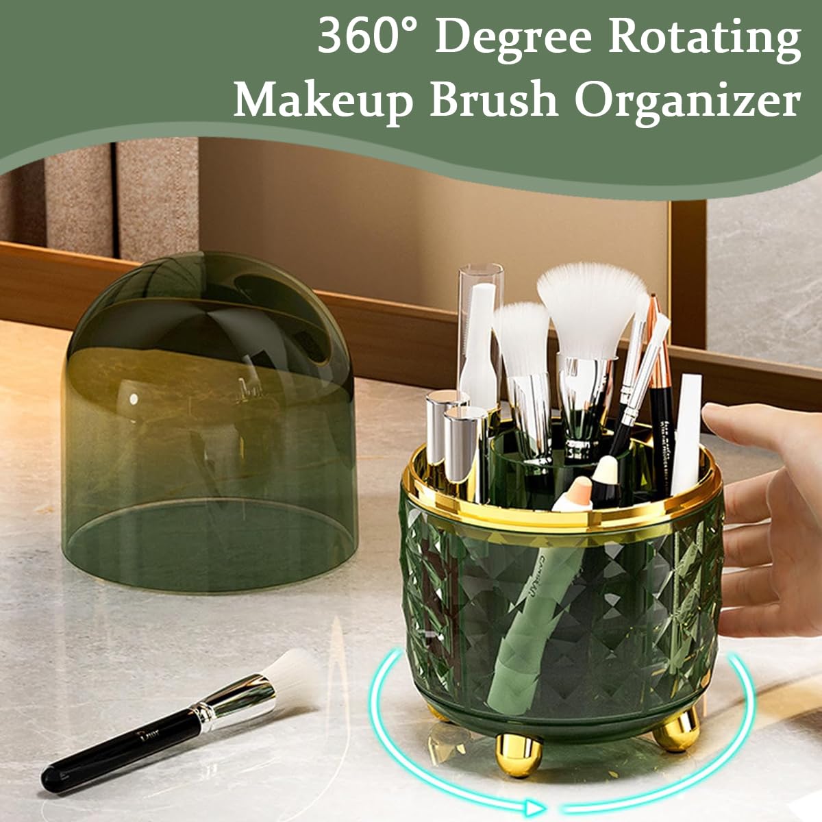 MAYCREATE Makeup Brush Holder Organizer with Lid, 360 Rotating Clear Dustproof Makeup Brushes Storage Stand for Vanity Bathroom Countertop - 5 Compartments, Anti-slip Base