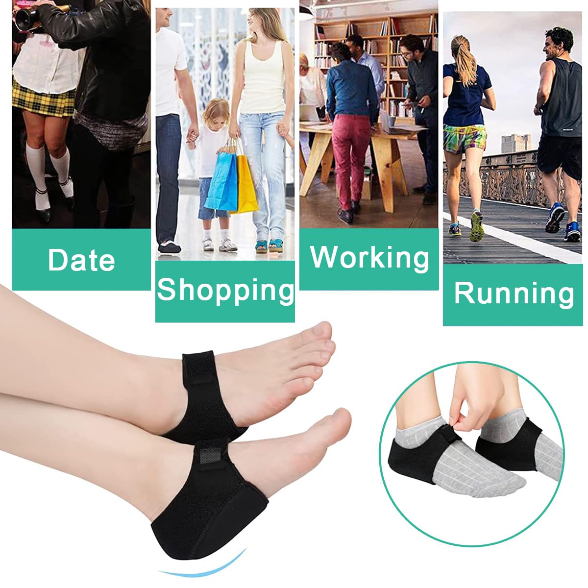 HANNEA 1 Pair Heel Protectors, Plantar Fasciitis Heel Cups with Silicone Gel Toe Cap, Heel Cushions Protectors Adjustable Breathable Heel Pads for Women Men Heel Cracked Pain Relief