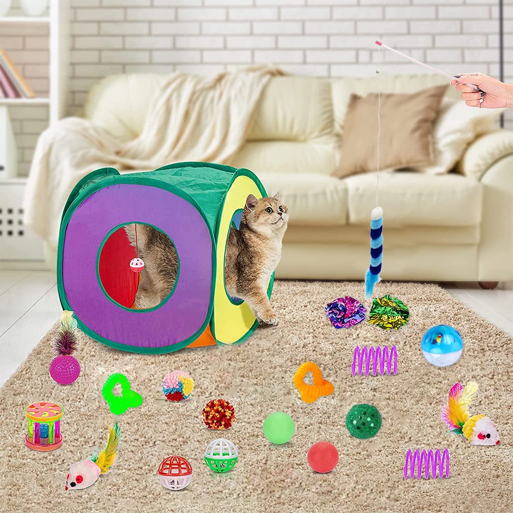 Qpets 20 PCS Toys for Cats Set, Collapsible Cat Tunnels for Indoor Cats, Family Set Cat Teaser Toy Cat Feather Toy Fluffy Mouse Crinkle Balls Cat Toys for Cat Puppy Kitty Rabbit