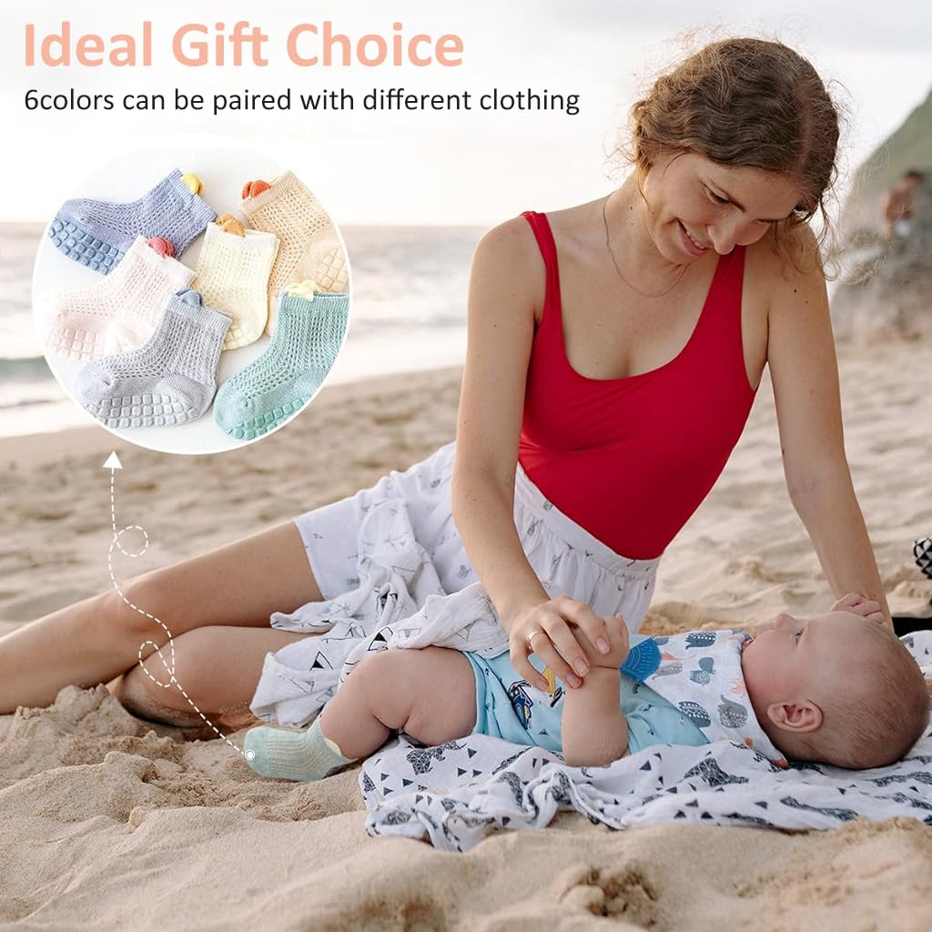 SNOWIE SOFT 6 Pairs Baby Socks Set 0 to 6 Months, Summer Breathable Antislip Socks for New Born Baby Toddlers Floor Socks Cotton Socks Non Slip Grip Ankle Socks Infants Girls Boys 0-18 Month(S Size)
