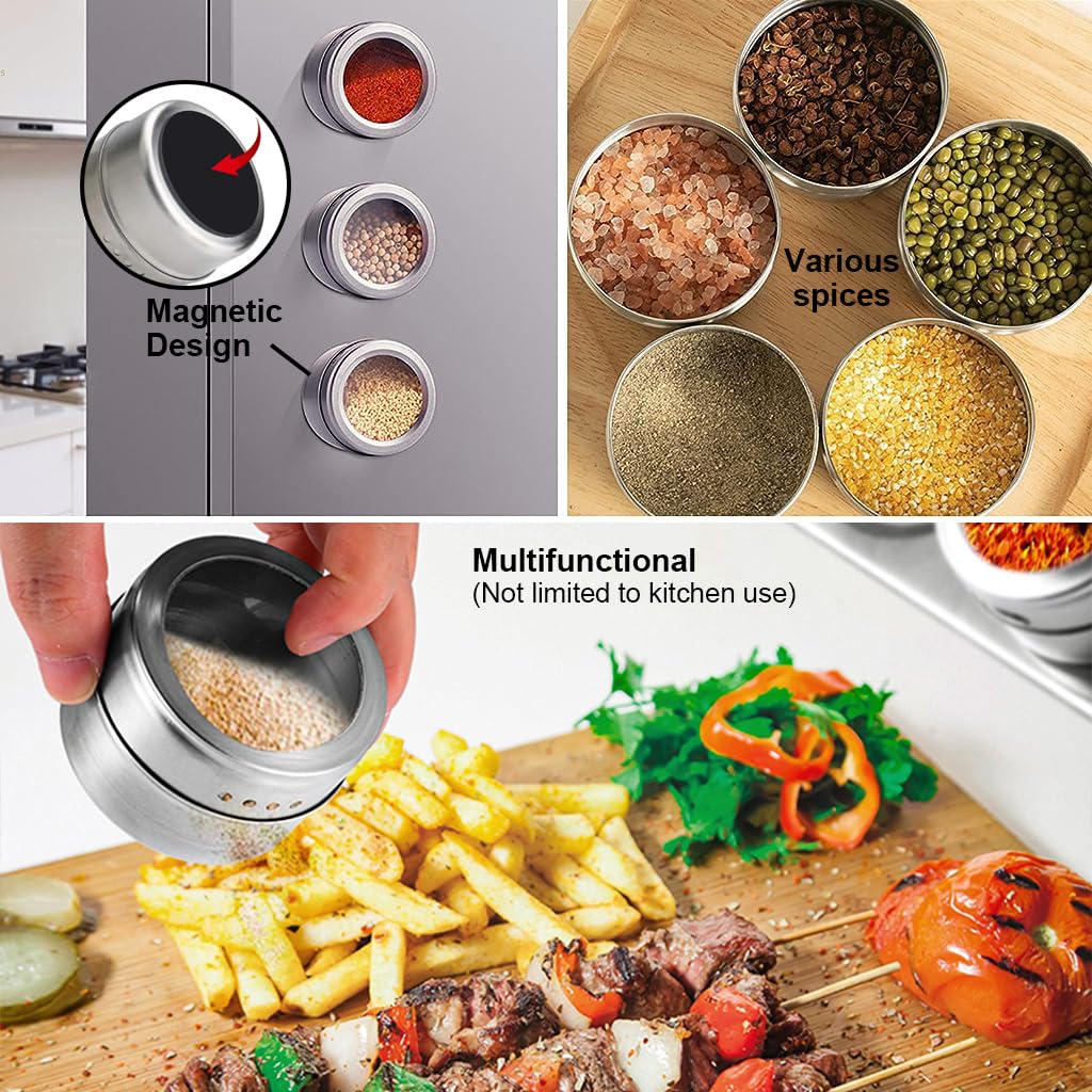 HASTHIP 6Pcs Stainless Steel Spice Box for Kitchen, Masala Box Masala Container with Clear Lid, Seasoning Dispenser for Salt, Pepper, Spices, Herbs, Blends Seasoning Container with Metal Storage Rack