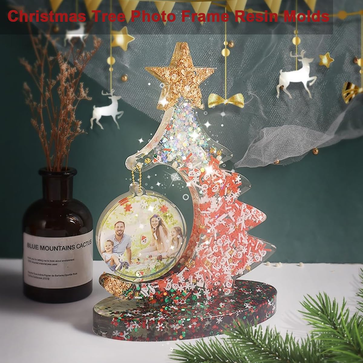 HASTHIP Christmas Tree Resin Mold, DIY Christmas Tree Ornament with Round Hanging Photo Frame Mold & Base Large Christmas Tree Silicone Resin Mold, 8.3 * 6.8 Inches