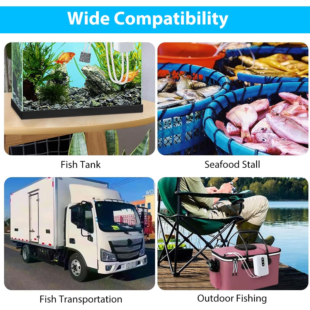Qpets Portable Oxygen Pump Cordless Aquarium Air Pump Continuous/Intermittent Fishing Air Pump Dual Pipe Aquarium Air Pump Air Stone and Pipe Included USB Rechargeable Aquarium Air Pump