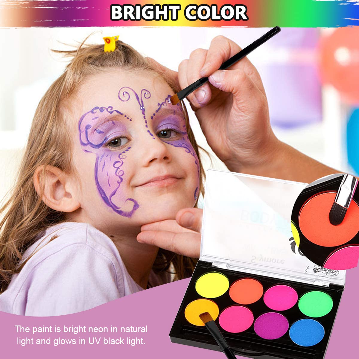 HASTHIP Face Paint Glow In The Dark Face Body Paint, 8 Neon Colors Glow In Dark Makeup Water Based Paint with Painting Brush Non-Toxic Washable for Kids Adult, Halloween Costume Masquerades