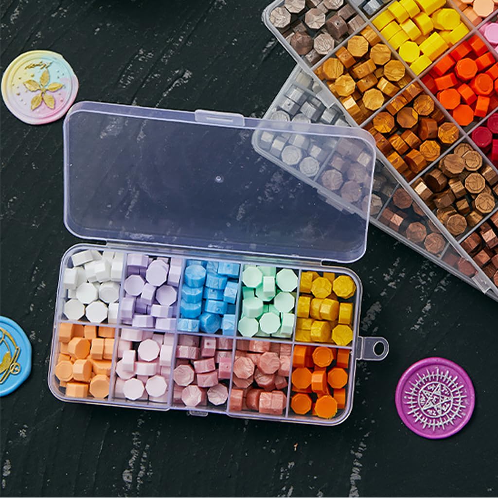 HASTHIP 200 Pieces Sealing Wax Beads Set, 10 Grids 10 Colors Seal Wax Pellets for Stamp Seals Invitations, Scrapbook, Eco Seal Wax Beads Kit with Plastic Box Colors Seal Wax Pellets