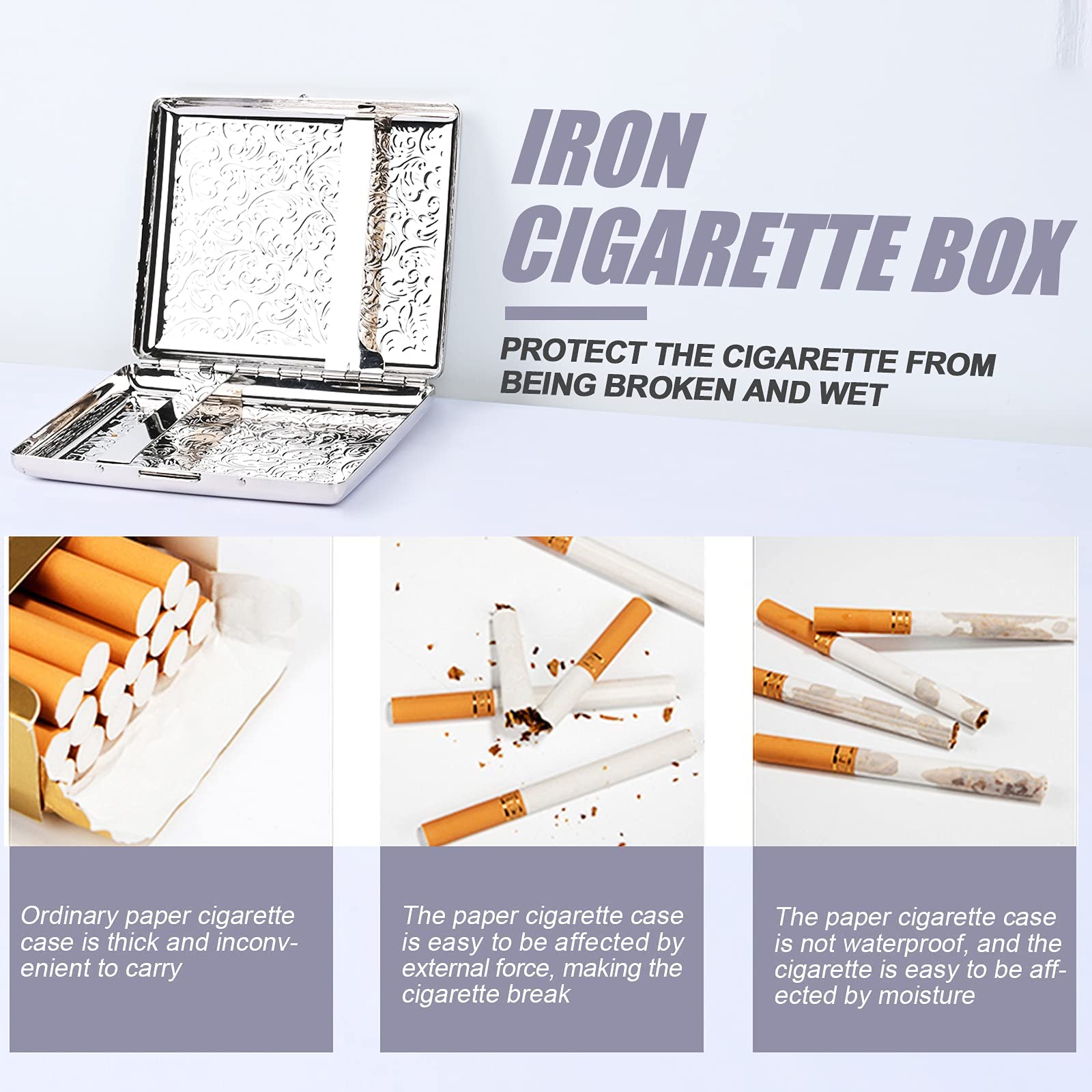 GUSTAVE Metal Cigarette Case - Double Sided Spring Clip Open Cigarette Box for 20 Cigarettes (Silver)