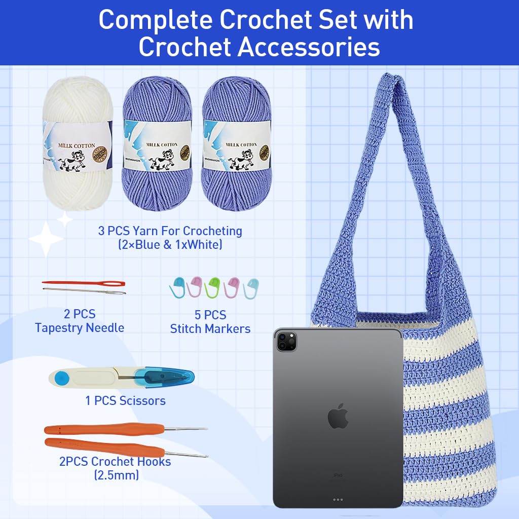 HASTHIP DIY Crochet Bag Material Kit Beginners Blue White Stripy Fashion Crochet Tote Bag Material Kit with Yarn, Crochet Hook, Tools & Accessories, Tutorial Video, DIY Crochet Kit for Adult