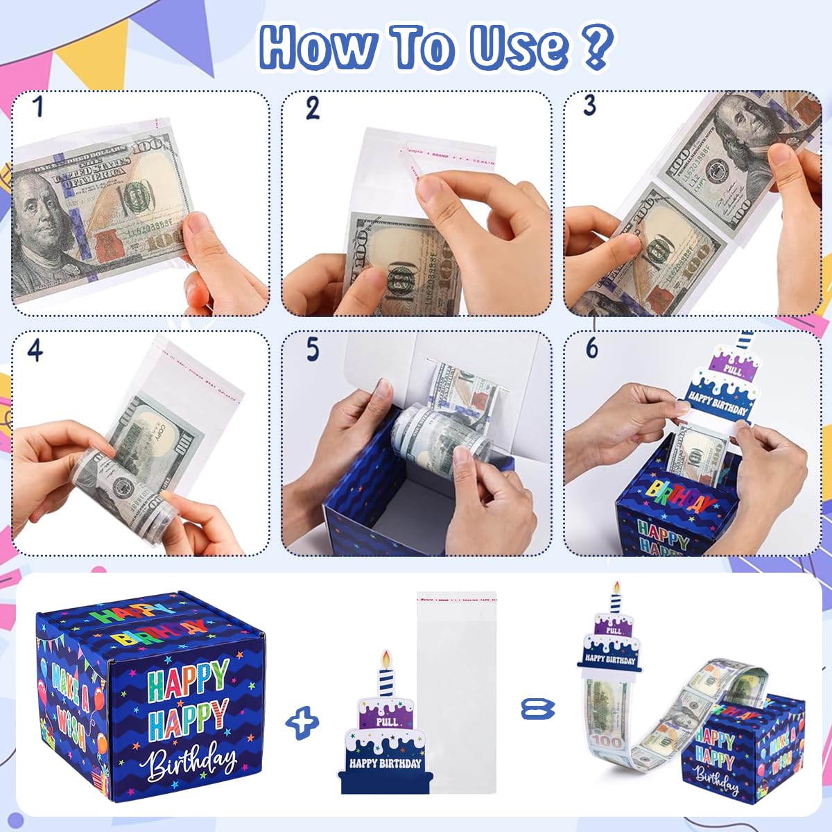 HASTHIP Birthday Money Box for Cash Gift, Surprise Money Pull Out Game for Parties, Pull Out Happy Birthday Day Card and 100Pcs Transparent Bags, Fun Ways to Give Cash as A Gift