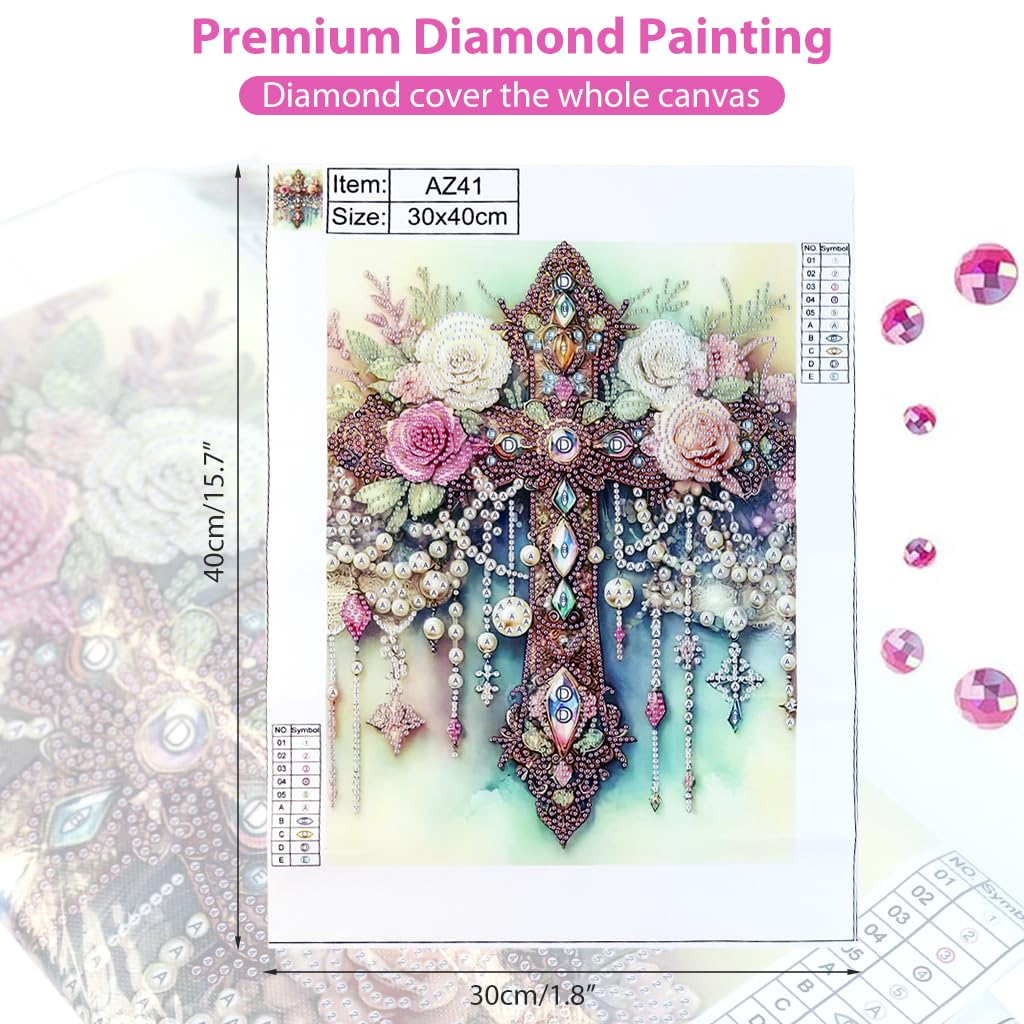 HASTHIP DIY 5D Diamond Art Painting Kit, Floral Rose Cross Art Crafts Kit for Adults Sparkling Full Diamond Art Painting Kit 5D Diamond Wall Decor Gift, 30x40 cm