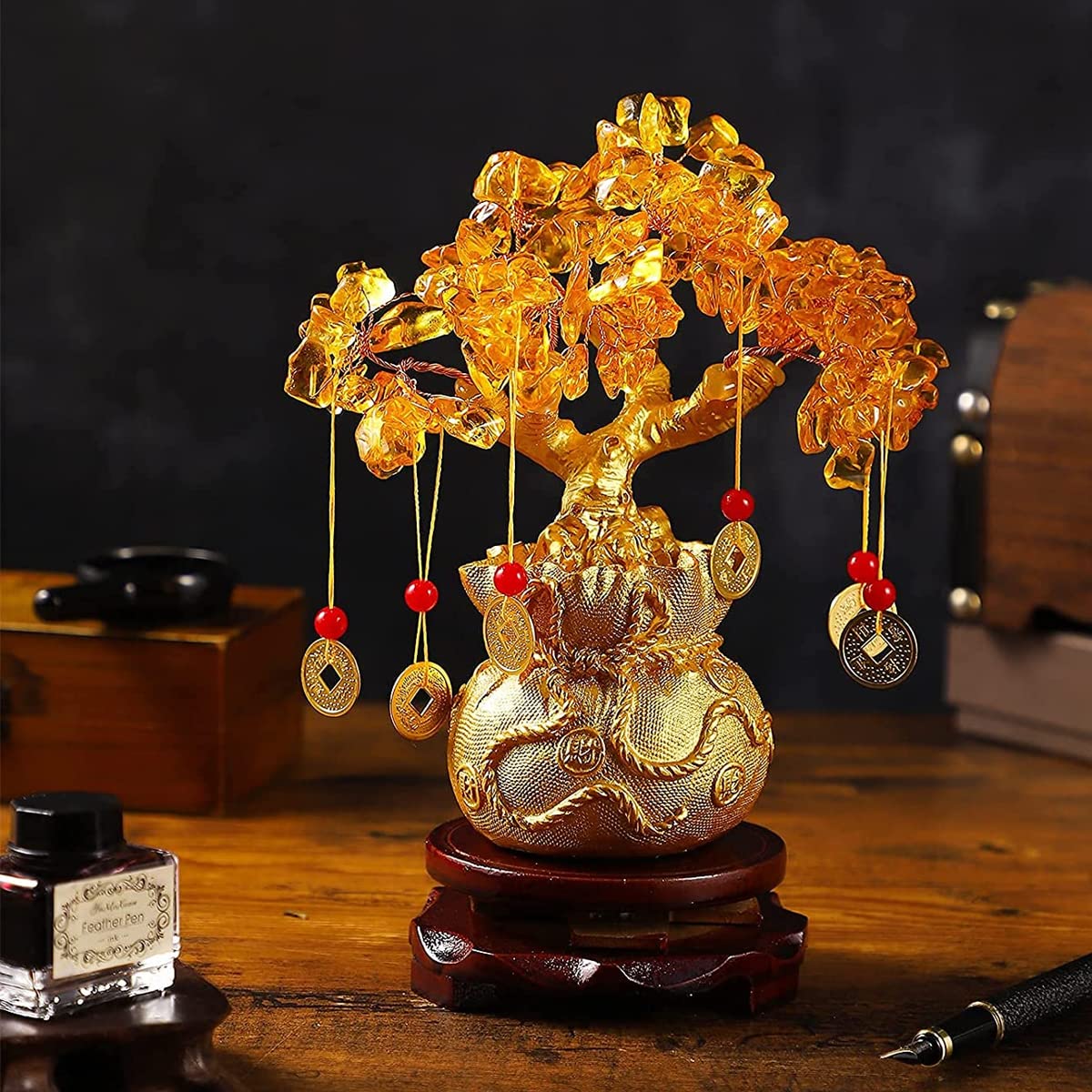 HASTHIP Feng Shui Tree Crystal Tree of Life, Good Luck Items for Home Decor, Golden Money Tree with 6 Hanging Coin Charms, Crystals Decoration Ornament Sculpture (19X18X8cm)