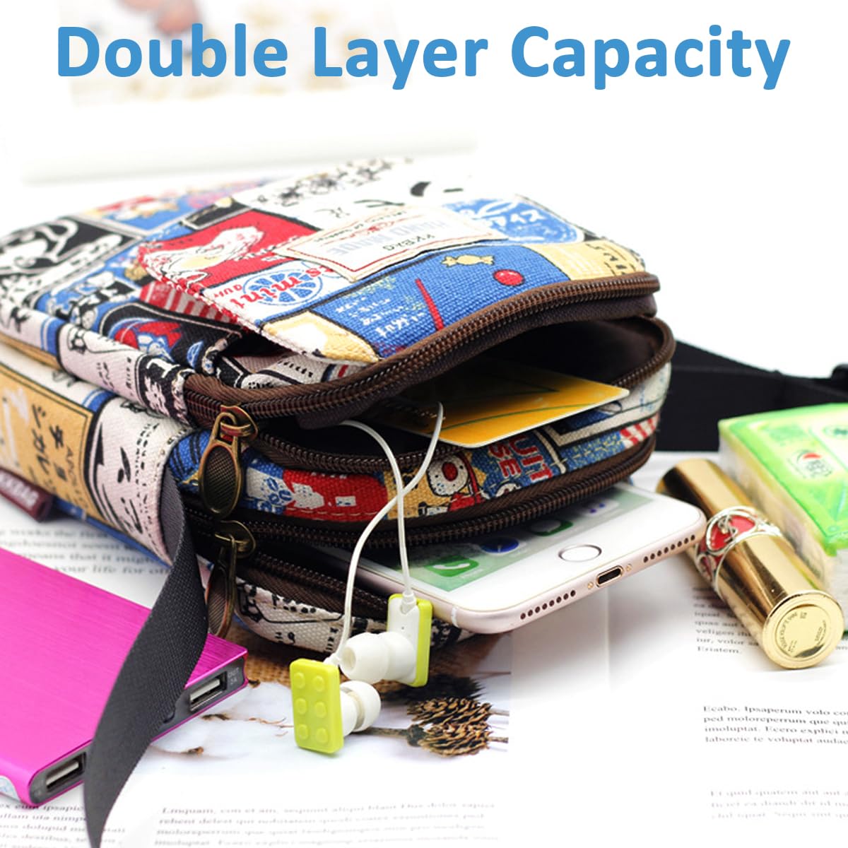 PALAY Cute Canvas Phone Sling Bag Small Casual Utility Bag Cartoon Vintage Print Crossbody Bag Phone Bag Multi Pocket Purse Bag Mini Mobile Pouch