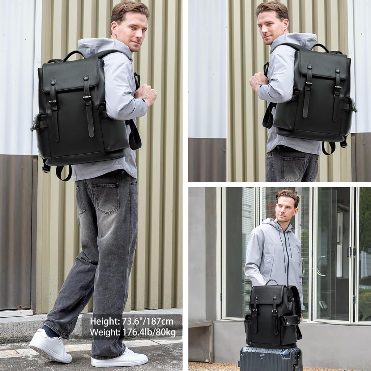 GUSTAVE Laptop Backpack PU Backpack 15.6 Inches Fashion Business Laptop Drawstring Backapck Breathable Mesh Back Support Unisex Black School Backpack Casual Backpack Day Pack, 30x18x44cm