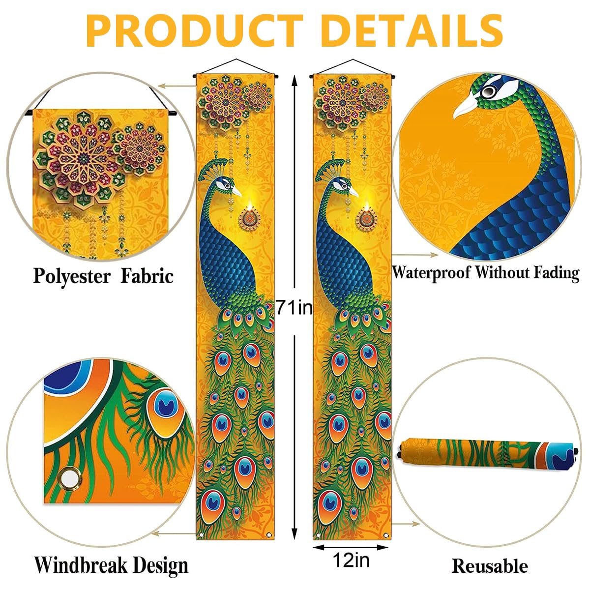 HASTHIP 1 Pair Happy Diwali Hanging Banner Porch Sign Decorations, Deepavali Indian Festival of Lights Peacock Indian Holiday Party Front Door Wall Hanging Banner Decoration, 12×71''