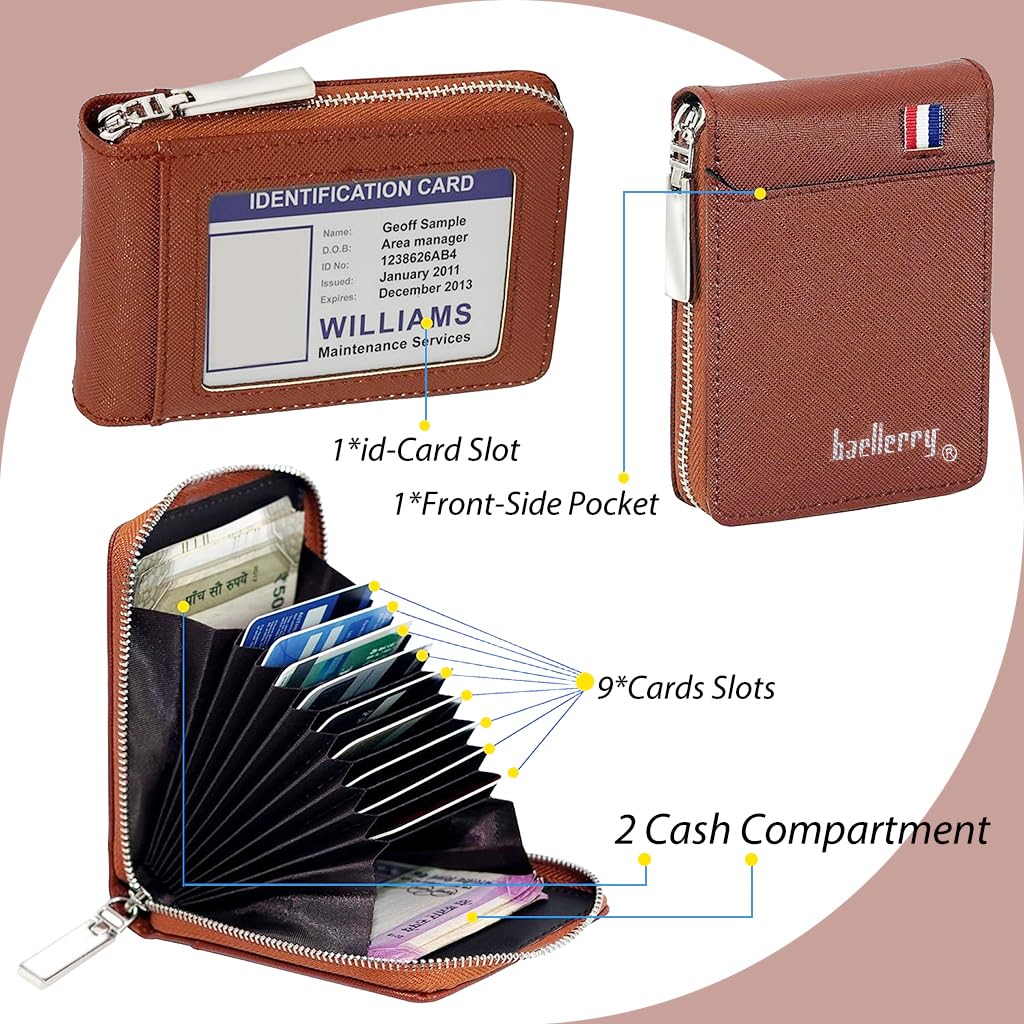 ZIBUYU PU Leather Wallet for Men Credit Debit Business Card Holder for Men 9 Slot Zipper Coin Purse Visiting Card Holder Birthday Gift for Men, Women, Husband, Father