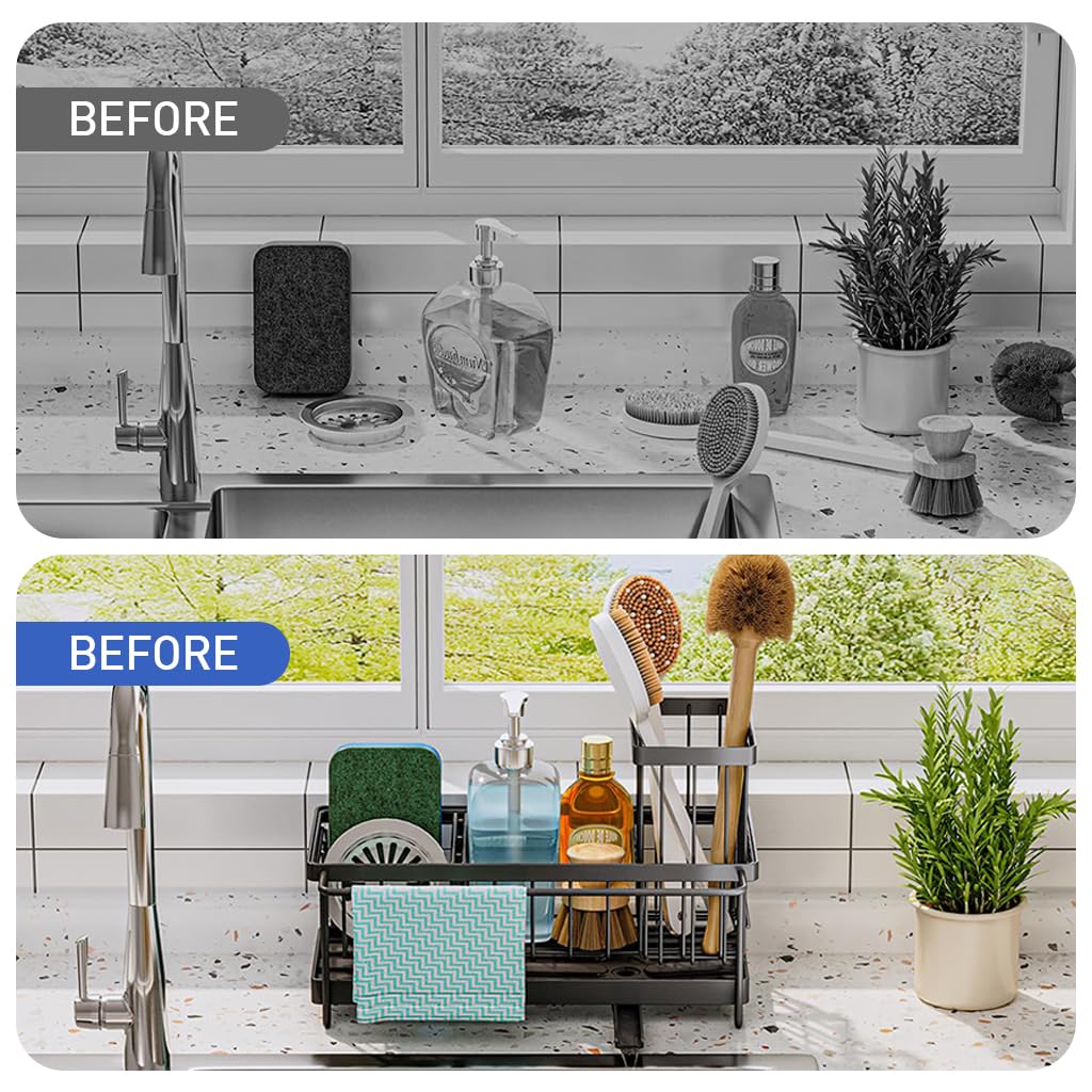 HASTHIP Kitchen Sink Organizer - Sink Caddy with Brush Holder Self-draining Kitchen Sponge Caddy Organizer with Divider Stainless Steel Sink Accessories Storage for Countertop, Black 23x9x16cm