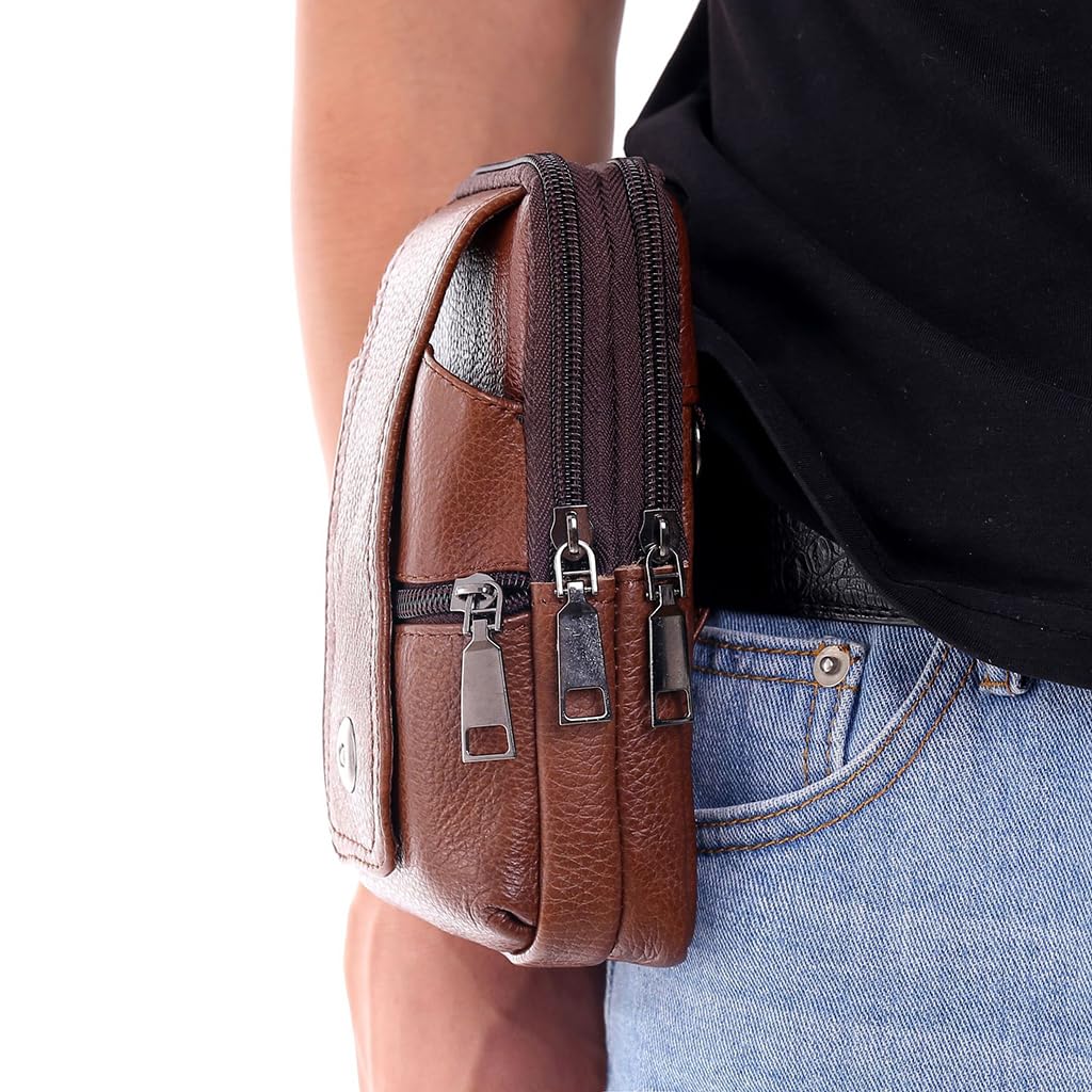 ZIBUYU Mobile Pouch for Men Leather Magnetic Cover Belt Clip Compatible for iPhone 12, 13, 14 Pro Max Phone Case Mini Crossbody Men Waist Sling Bag Mobile Holster for Men, Brown - 1