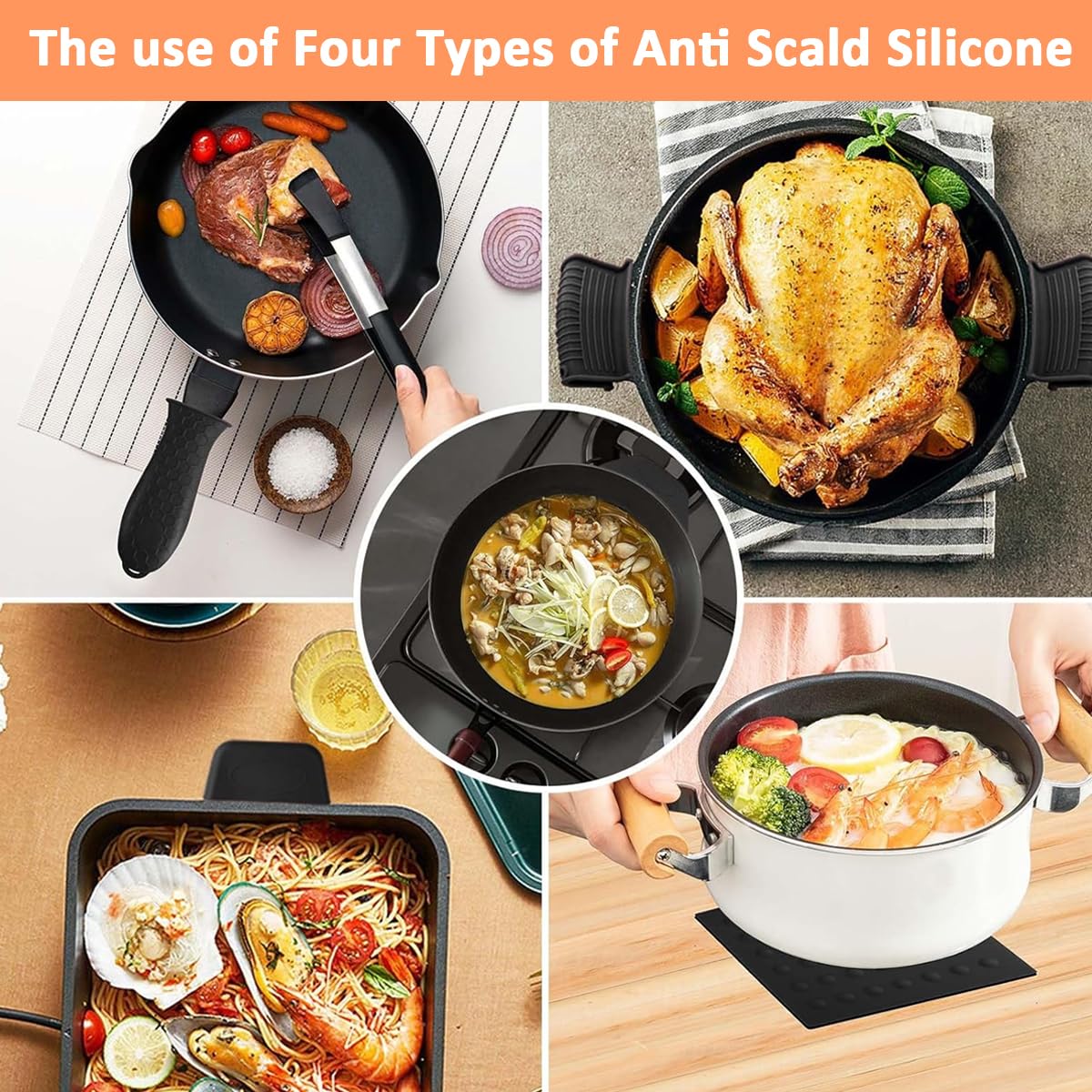 Supvox Cast Iron Fry Pan Silicone Pan Handle Covers - 6Pcs Cookware Heat Insulation Covers Set with Anti-Slip Handle Sleeve and Square Protector Mat for Pots, Pans, Stewing Pots, and Soup Bowls