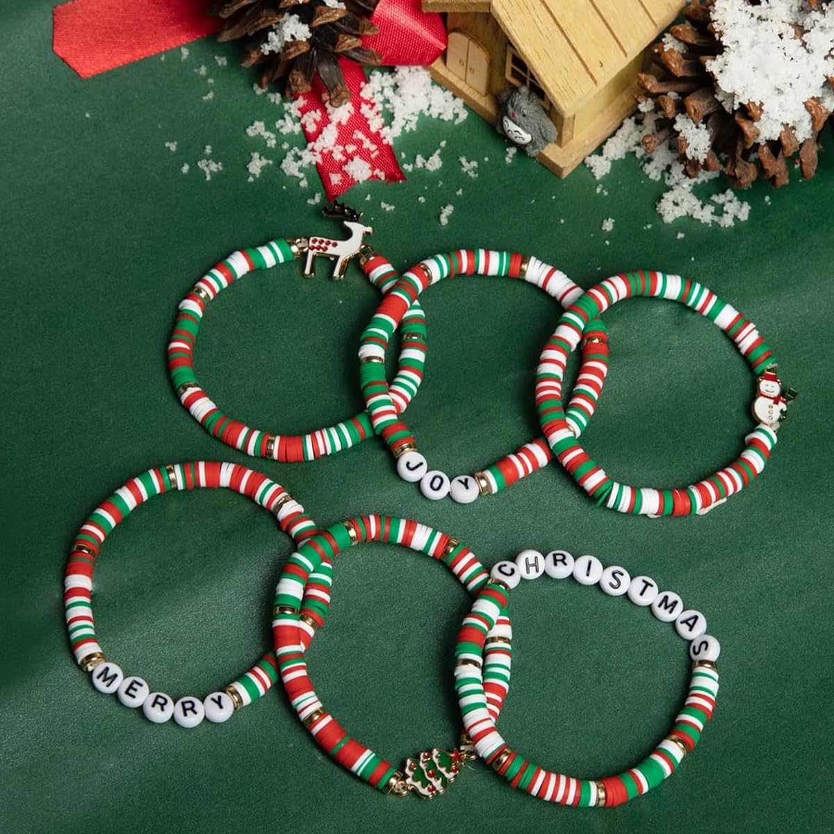 SANNIDHI® Christmas Bracelets Set of 6Pcs Colorful Clay Beads Bracelet Christmas Bracelet Chrismas Gift Bracelets Chrismas Beading Jewelry for Families, Sisters, Girls
