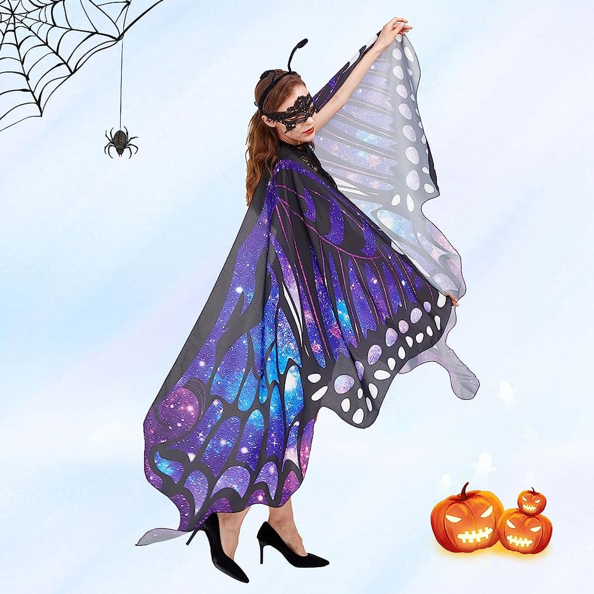 PATPAT Colorful Butterfly Wings Adult Butterfly Wings Cape for Girls Butterfly Costume with Butterfly Antenna Headband & Lace Mask Butterfly Wings Costume for Party, Halloween, Party Dress Up