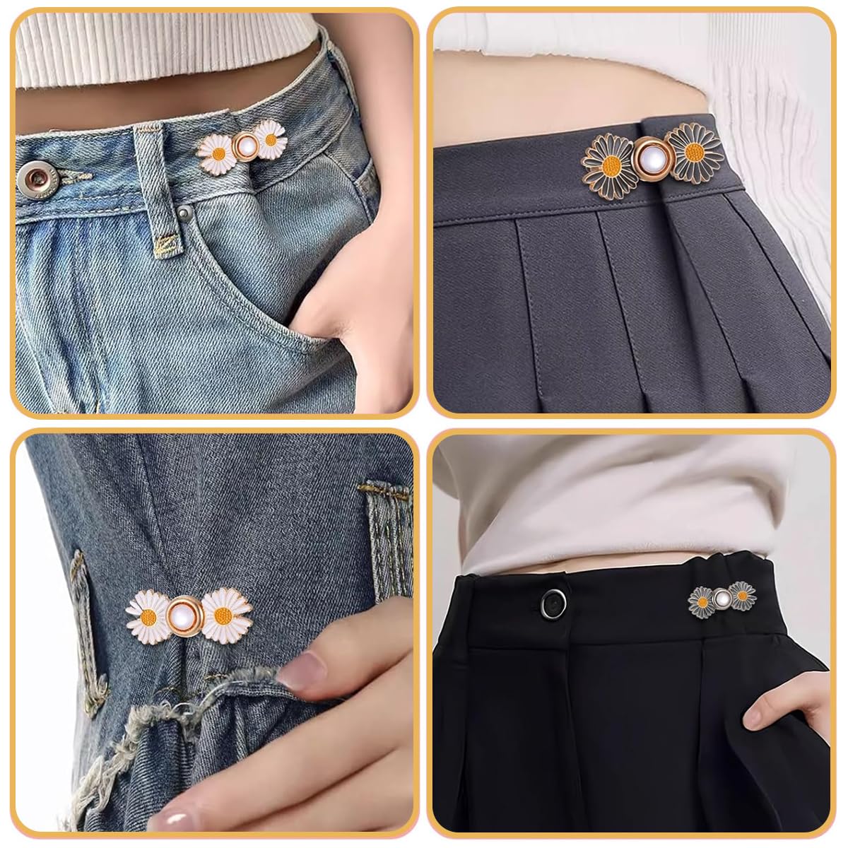 SANNIDHI 4Pcs Daisy Jeans Tightening Clips, Flower Detachable Jeans Adjustable Button Pins, Adjustable Waist Buckle for Women, Instant Pants Waist Tighteners for Loose Waist for Pants Skirts