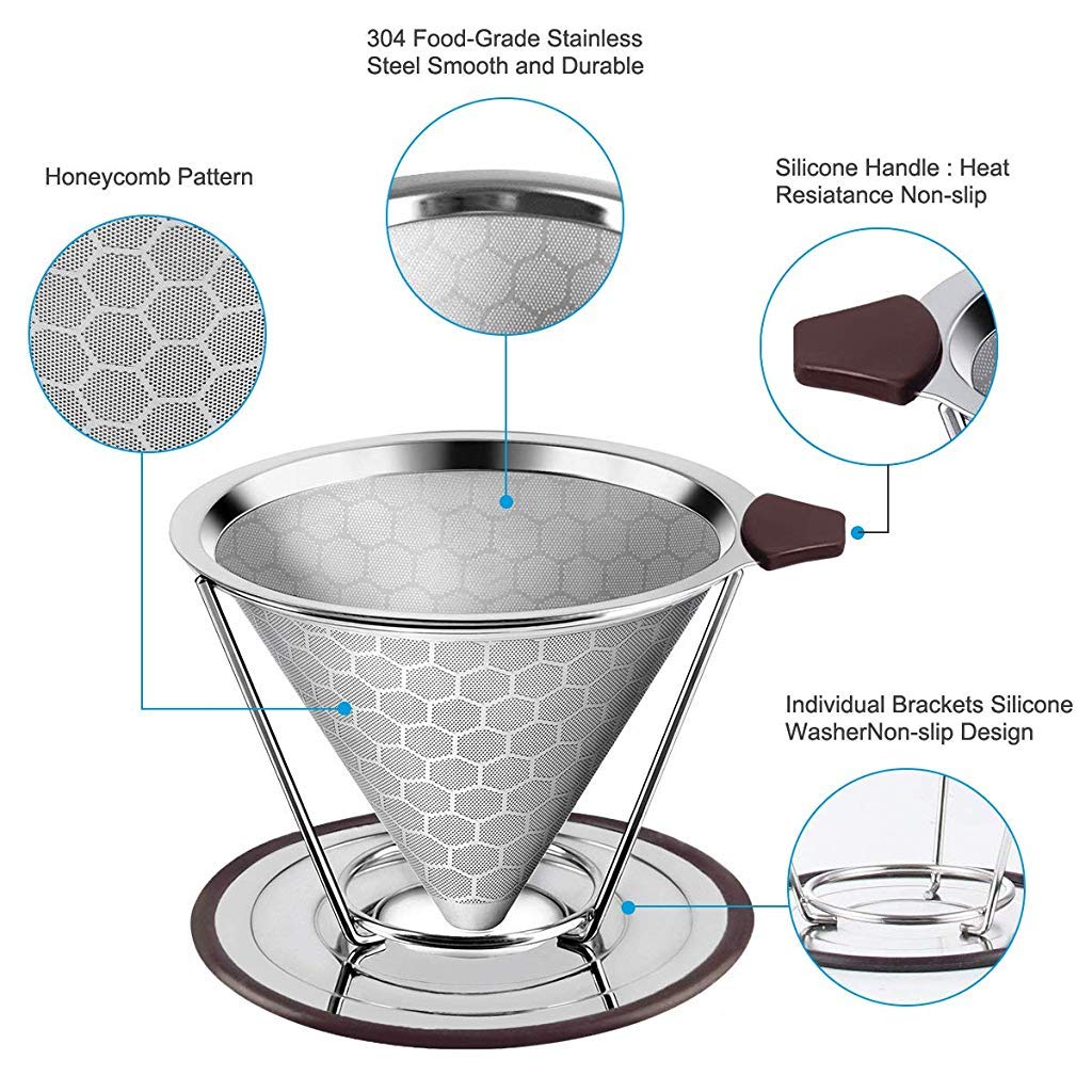 HASTHIP Filter Coffee Maker 800 Mesh with Handle Pour Over Coffee Filter Stainless Steel V60 Coffee Dripper 100% Paperless Maker Honeycomb Cup Cafe Keeping Nature Coffee Flavour Easy To Use And Clean