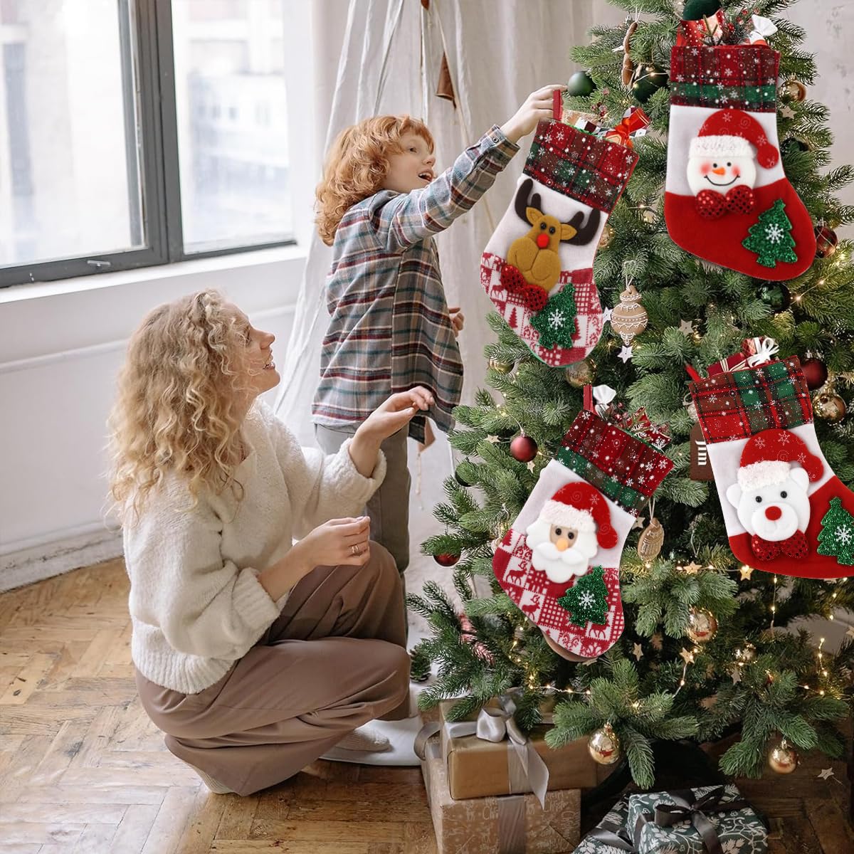 HASTHIP 4pcs Red Christmas Stocking 9.8 inch Christmas Gift Stocking with 4 Designs Hanging Christmas Stockings Gift Christmas Stocking Christmas Stocking for Window, Christmas Tree, Door