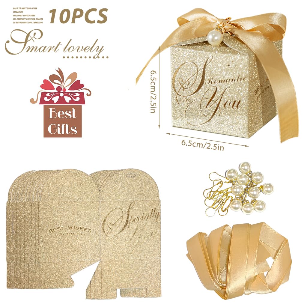 HASTHIP 10PCS Small Gift Boxes, Wedding Gift Box, Gold Candy Gift Box Paper Box with Ribbon & Pearl Pin for Wedding, Birthday, Christmas Decoration Party Favor