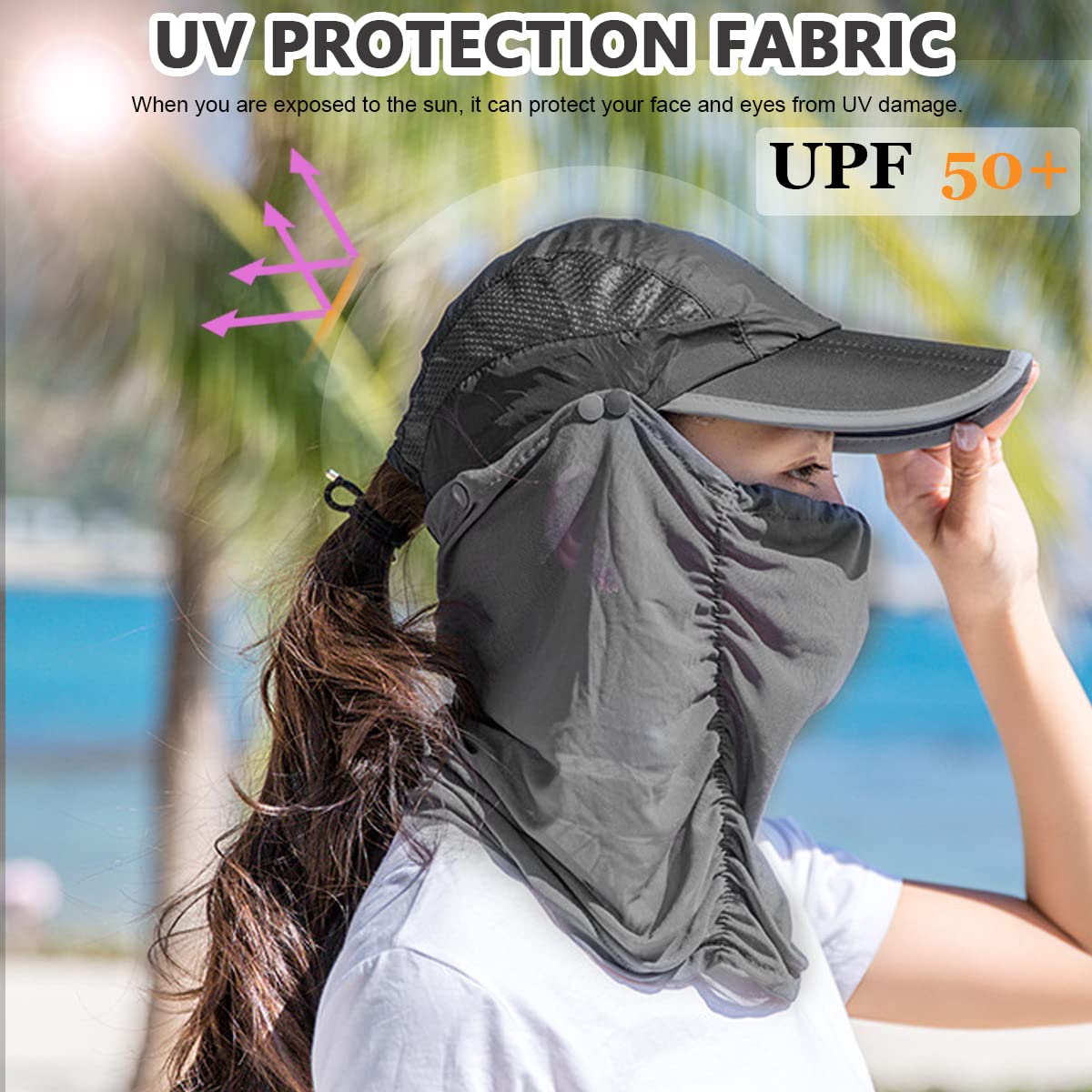 PALAY Sun Hats for Women with Face & Neck Flap, Foldable Fishing Hat Caps for Women Detachable Face Mask Cover Set, Fashion Breathable UV Protection Hat for Cycling Camping Hiking (Grey, UPF 50+)