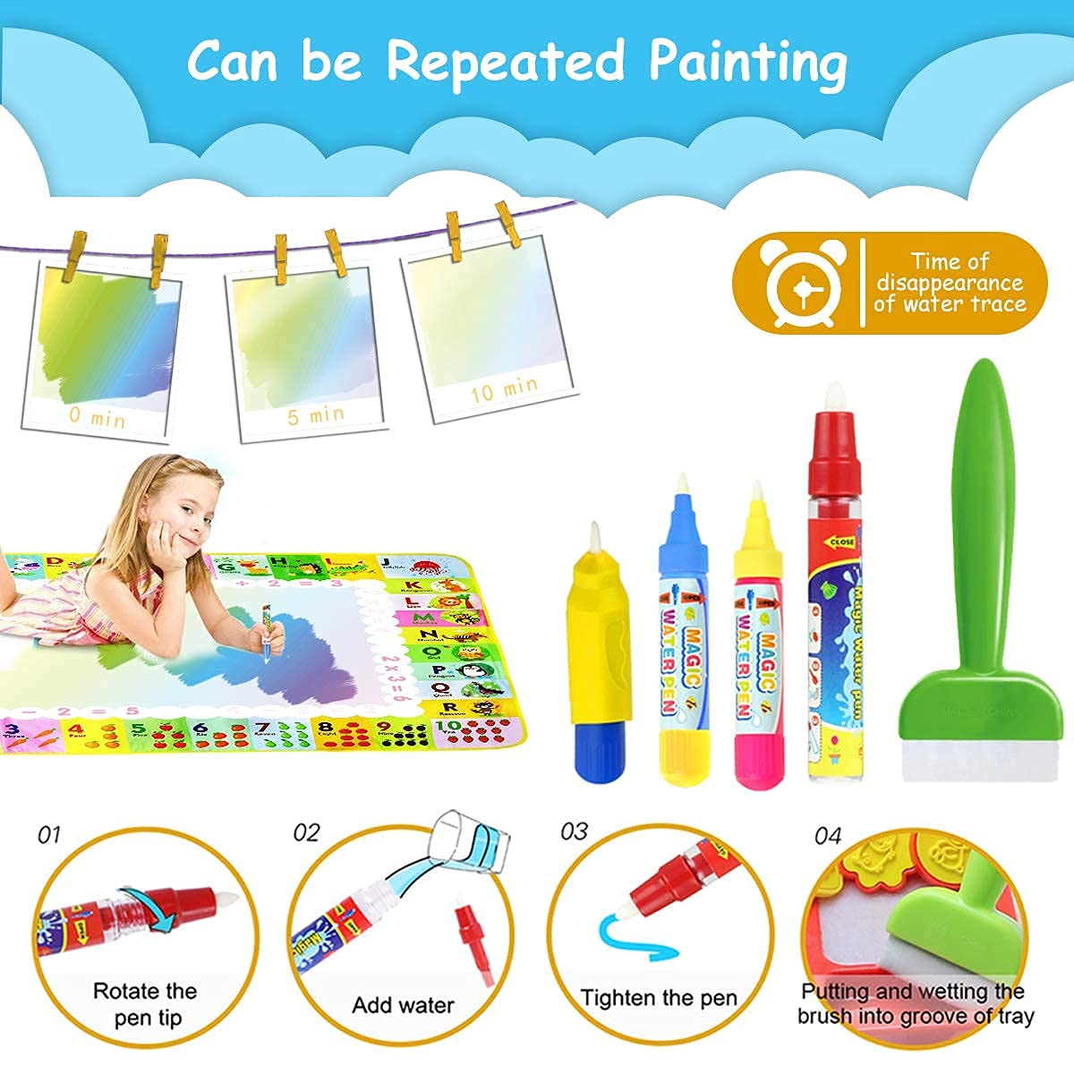 PATPAT Water Doodle Mat Larger (120 x 90cm) Water Magic Play Mat Reusable Mess Free Drawing Painting Mat Learning Toys for 3+ Year Old Boys Girls Toddlers with Many Interesting Accessories