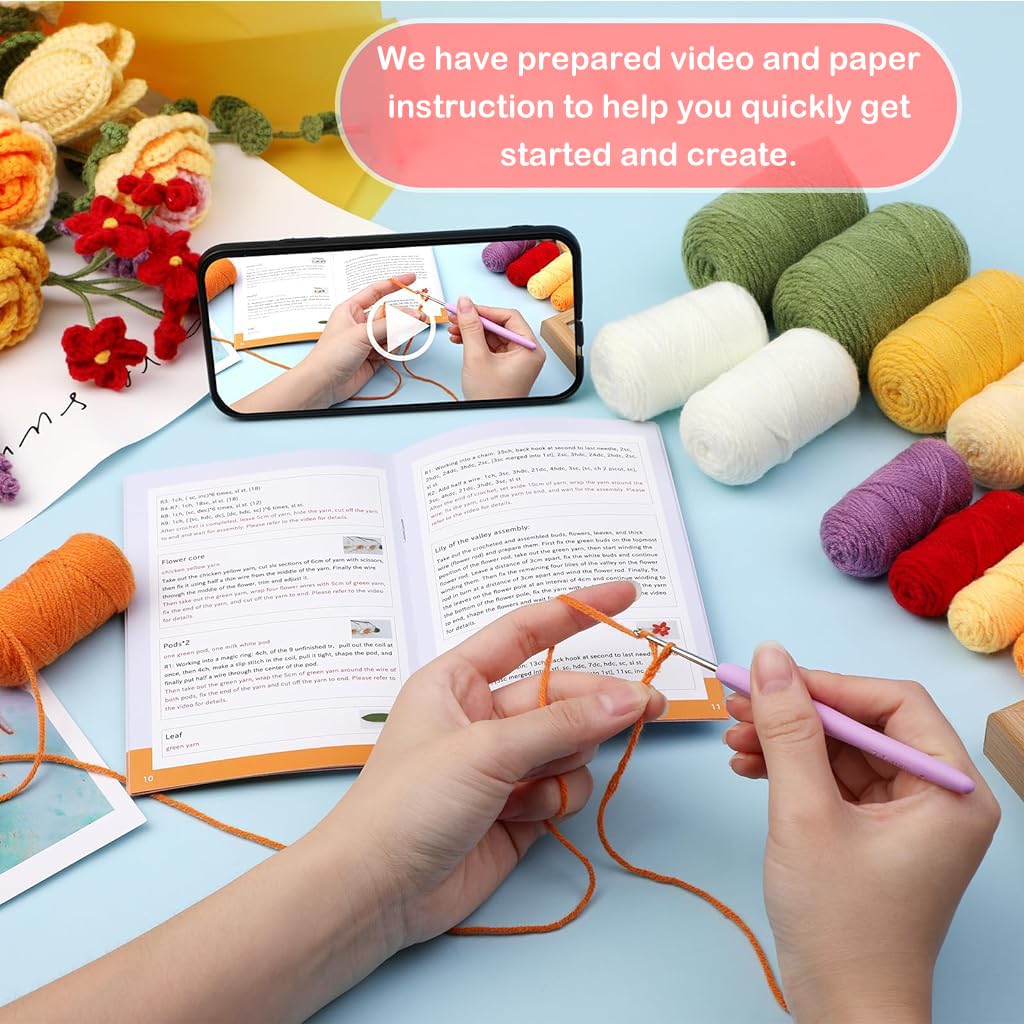 PATPAT DIY Crochet Kit Flower Bouquet Material Kit Crochet Kit for Beginners, Knitting Kit Rose Flowers Bouquet Starter Kit with Yarn Tools, Crochet Hooks & Tutorial Pamphlet, Birthday Gift for Girls