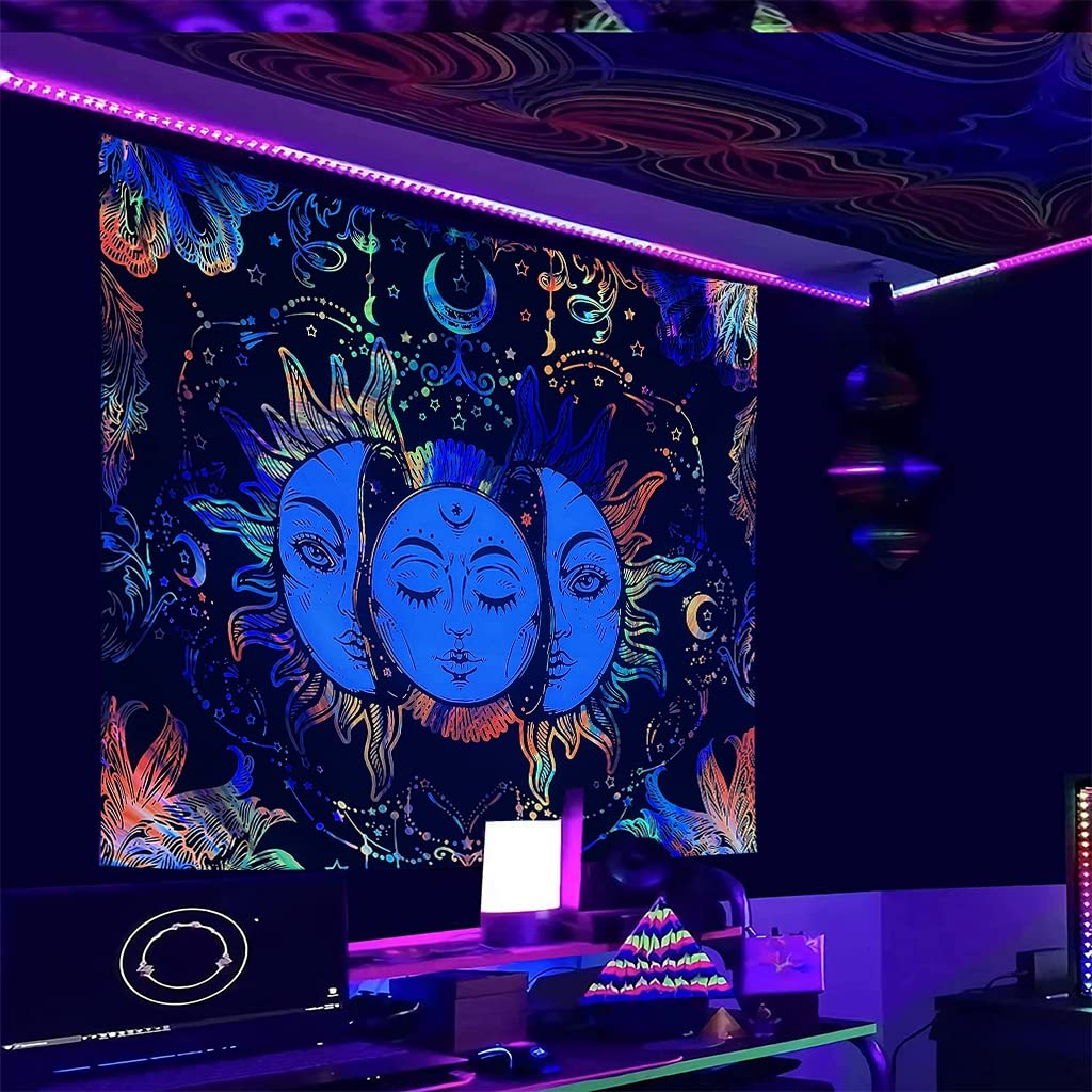 HASTHIP Uv Luminous Tapestry Uv Reactive Tapestry Glow In The Dark Sun And Moon Tapestry Uv Reactive Tapestry Wall Hanging (51Inch X 59Inch) (Multi-Colour)