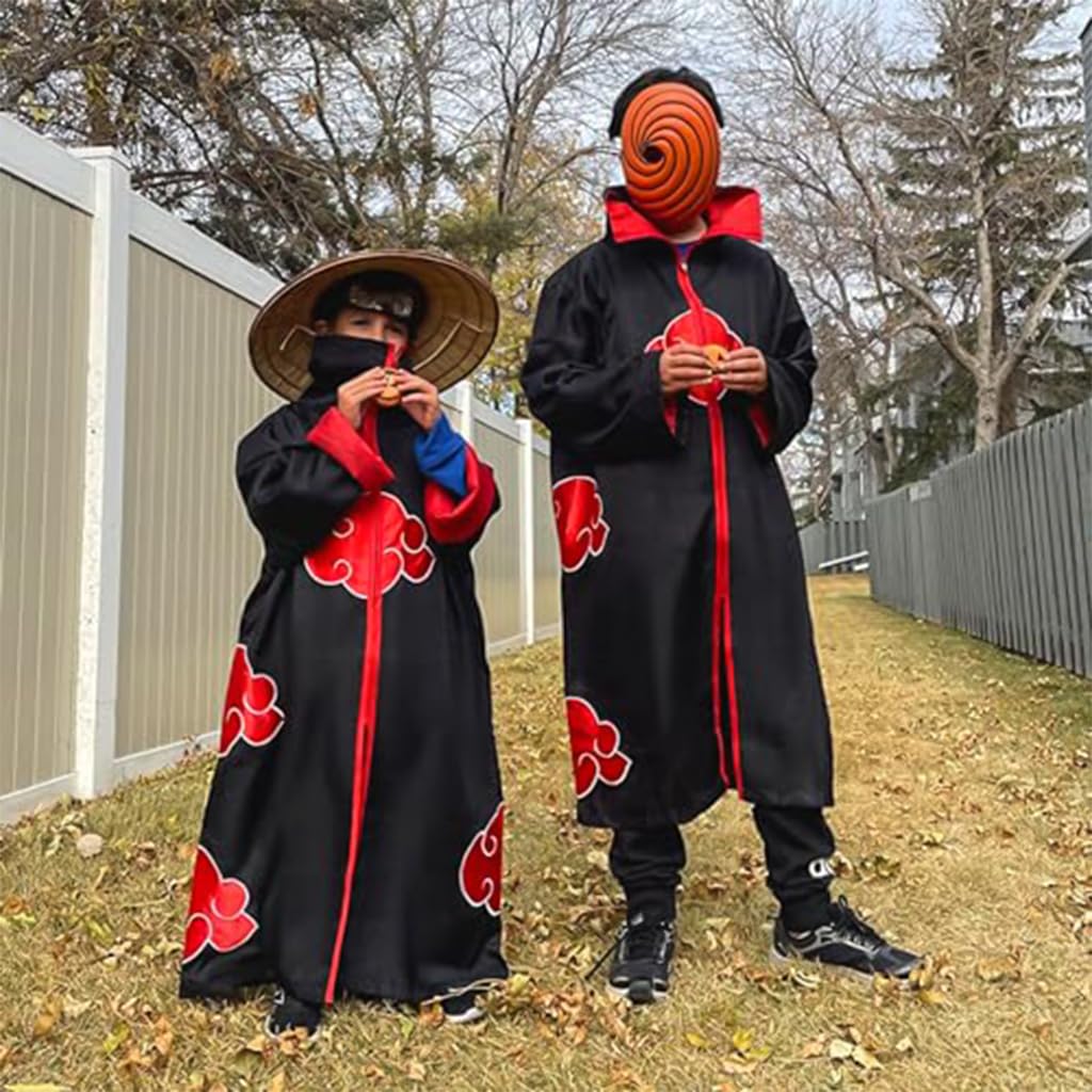 PATPAT Akatsuki Anime Cosplay Costumes for Women Men 4Pcs Set, Ninja Uchiha Itachi Cloak Long Robe for Adults Teens with Headband, Necklace & Ring for Halloween Cosplay Party (2XL)