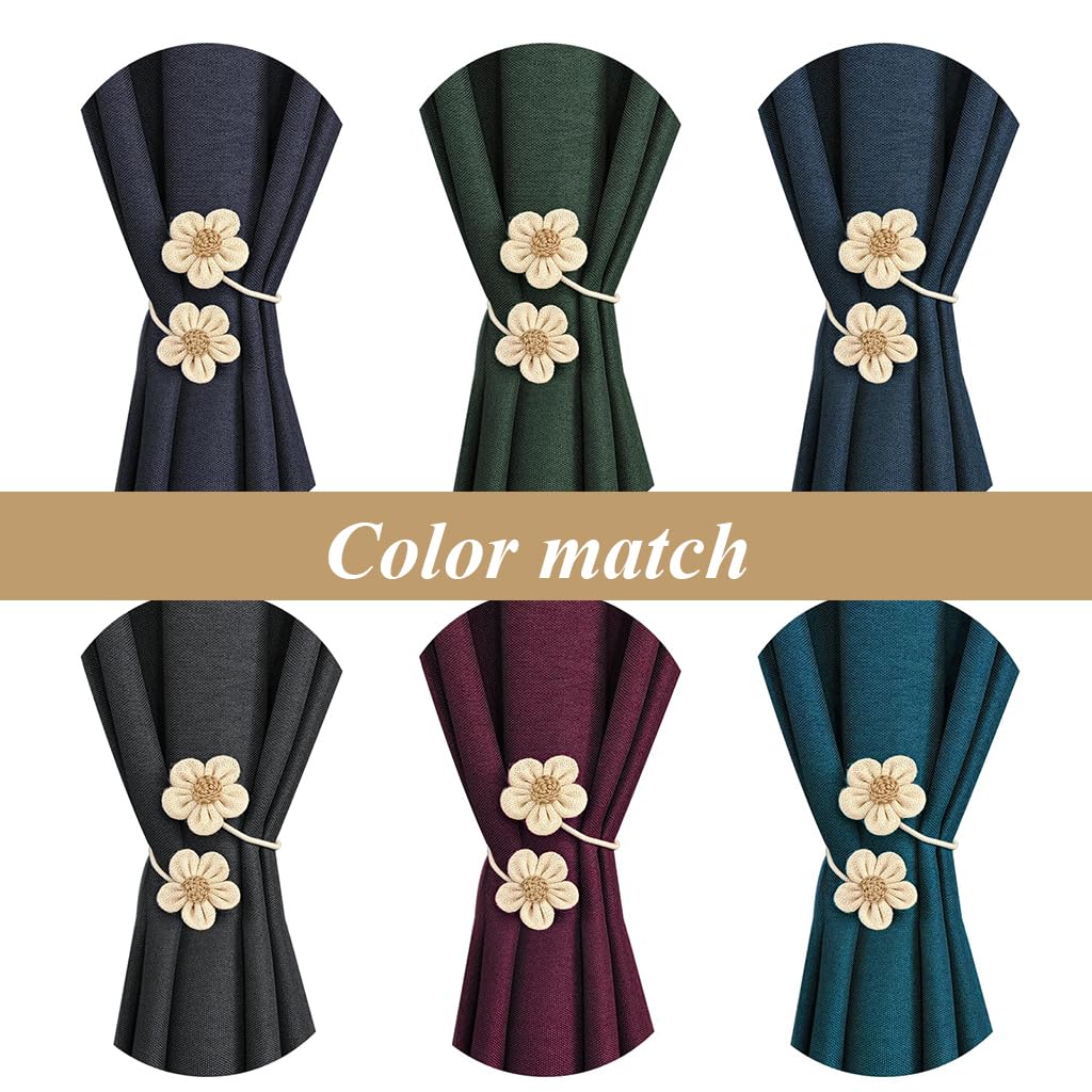 HASTHIP 2Pcs Flower Curtain Tiebacks Decorative Cotton Linen Flower Flexible Curtain Tiebacks Drape Tiebacks Flexible Metal Wire Curtain Tiebacks Non Slip Curtain Tiebacks for Heavy Drapes
