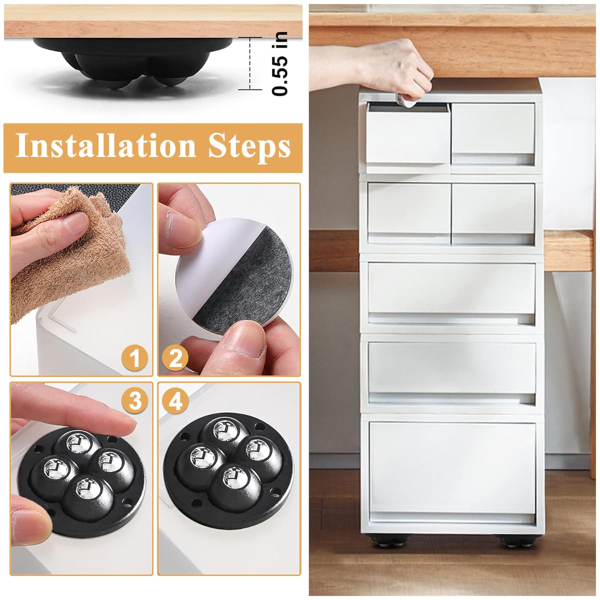 HASTHIP 8Pcs Wheels for Furniture Moving, Self-Adhesive Swivel Caster Wheels, 360° Swivel Wheels for Kitchen Appliances, 30Kg Load Capacity, Swivel Wheels for Moving Coffee Maker, Cooker, Air Fryer