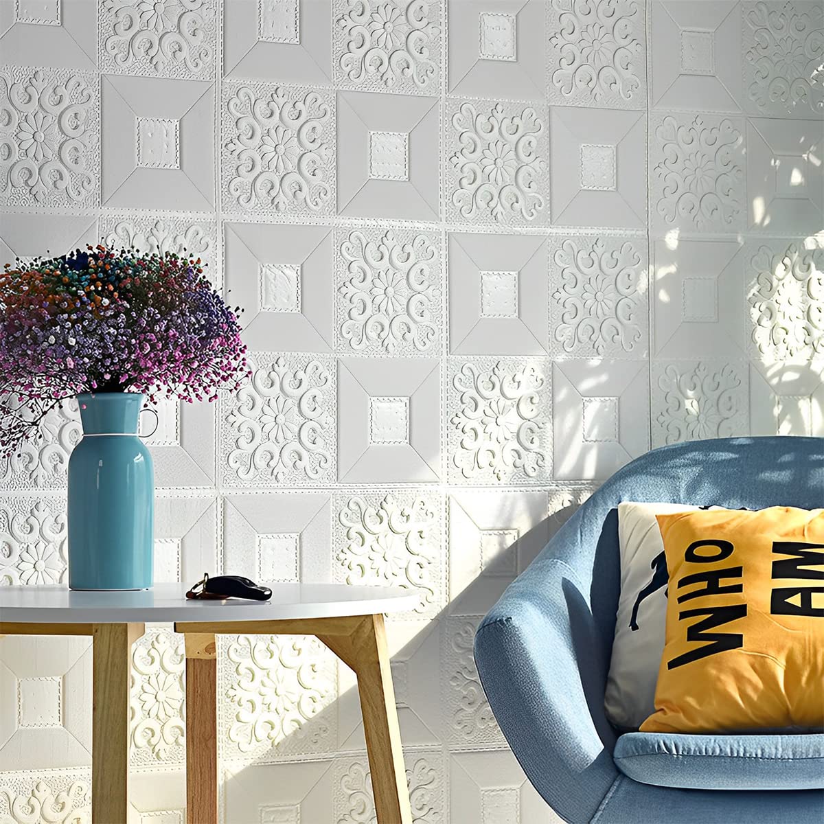 HASTHIP 5PCS Wall Stickers, 3D White Brick Wallpaper for Wall PE Foam Wall Stickers Self Adhesive DIY Wall Decor, 70 * 70cm(27.5'')