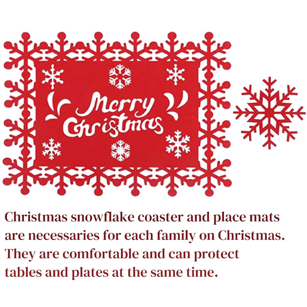 HASTHIP® Christmas Placemats & Snowflake Coasters Set of 12 Red Joyful Christmas Placemats Coasters 3mm Felt Paper Cut Snowflake Christmas Placemats Coasters Creative Christmas Home Decor