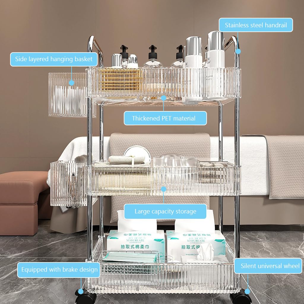 HASTHIP Acrylic 3-Tier Home Organizer Rolling Cart with Locking Wheels, Premium Versatile Organizer with 3 Hanging Basketsfor Bathroom, Laundry, Office, Transparent Design for Home, Kitchen, Bedroom