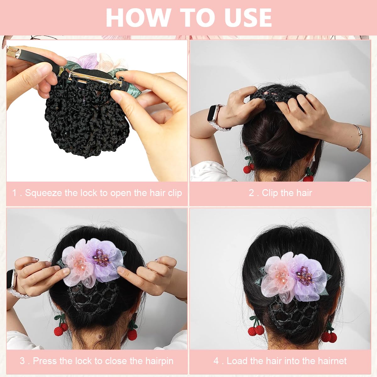 MAYCREATE Hair Snood Net Barrette Bun Cover, Flower Bun Net Hair Grip, Hair Bun Accessories for Women Girls, Bun Maker Spring Clip Hairnet for Dancer Nurse Work or Daily