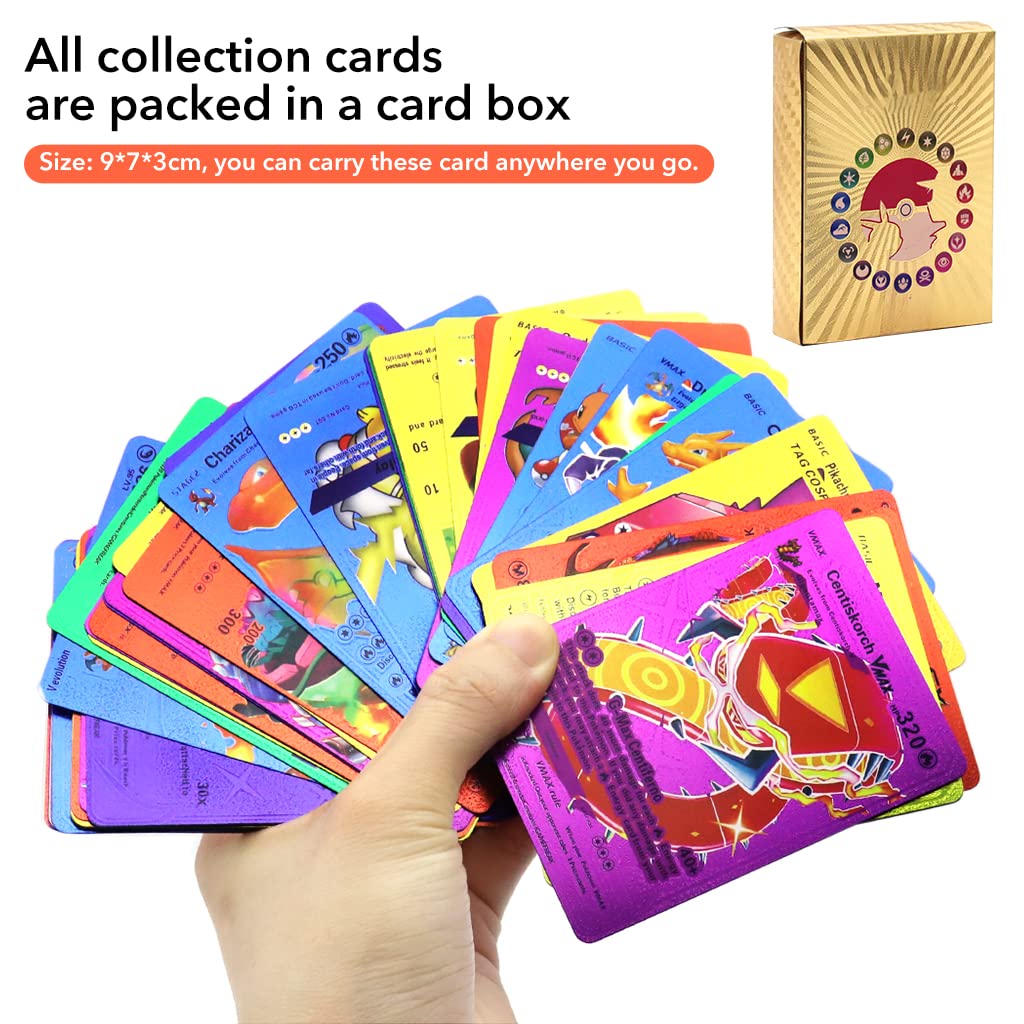 PATPAT Poke-mon Cards 55 Pcs Poke-mon Golden Cards Foil Game Card 15Vmax, 14V, 11 Rare GX, 7 Pika-chu Roleplay Cards, 4 Ordinary Card, 2 Rare Cards, 2 Mysterious Fire Dragons with Box, Unofficial