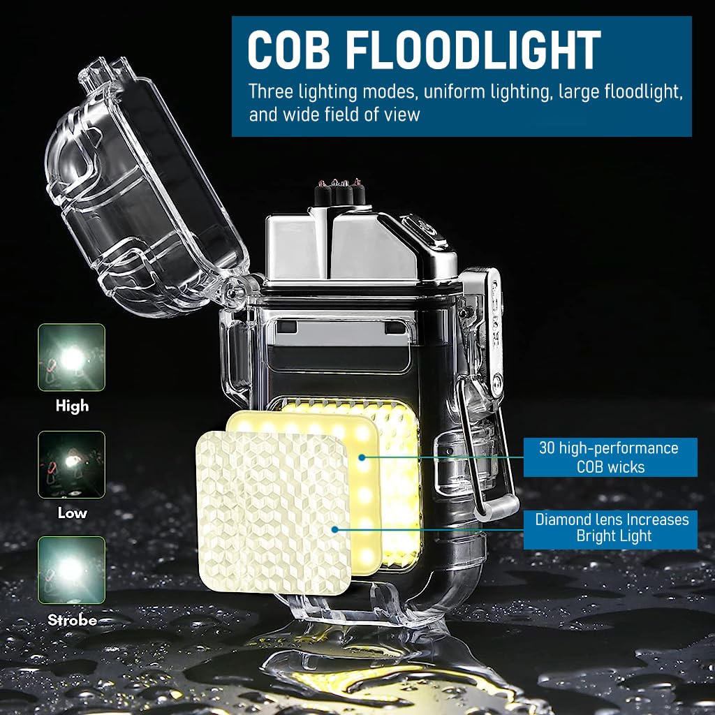 HASTHIP Waterproof Dual Arc Plasma Rechargeable Lighter, USB Type C Rechargeable Lighter with 3 Lighting Modes COB Lamp & Flashlight, Waterproof Windproof Lighter for Outdoor, Camping, Kitchen