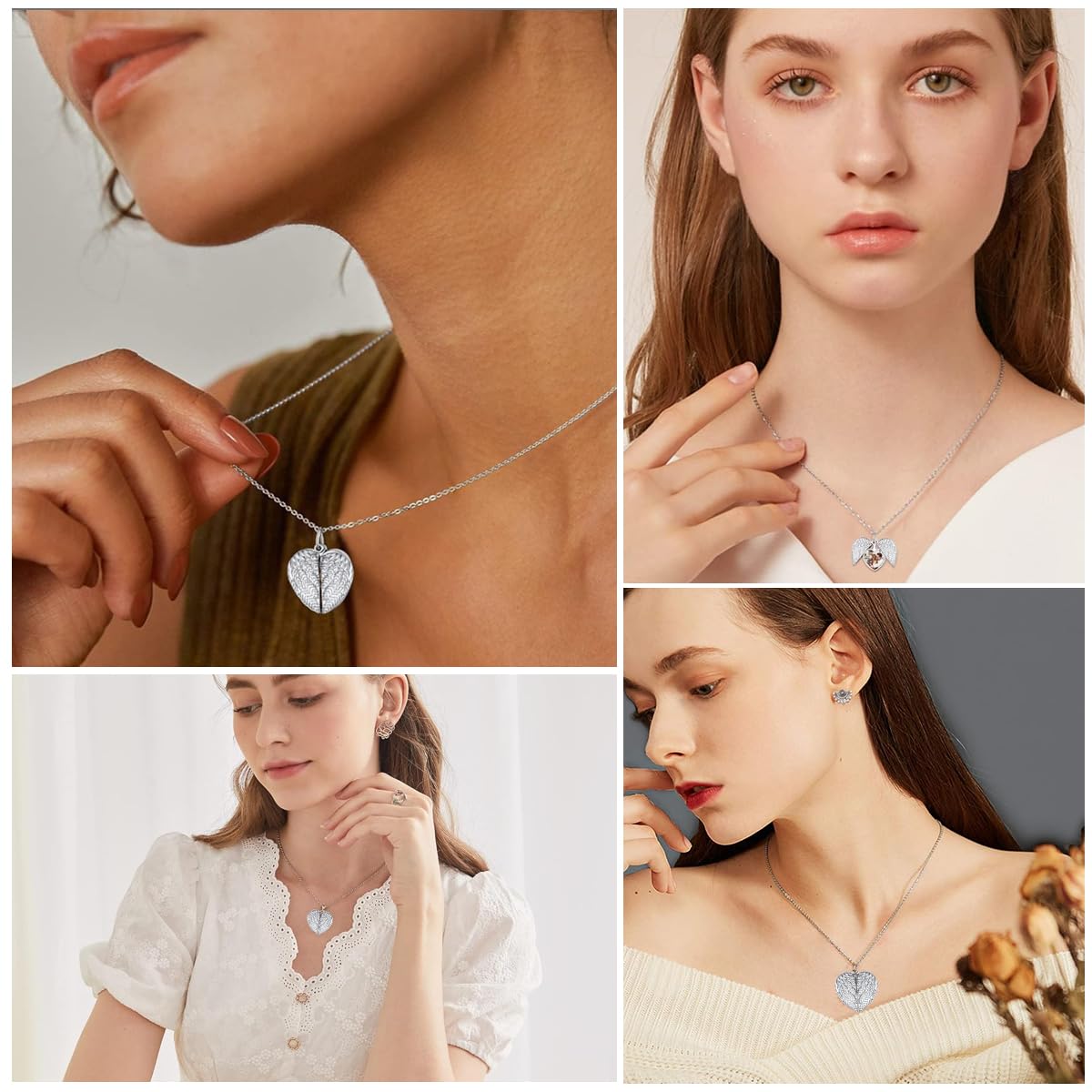 SANNIDHI Heart-shaped Locket Necklace for Women Men, Angle's Wing Engraved Necklace, Vintage Personalized Photo Lockets for Loved Ones/Friends/Families Gifts