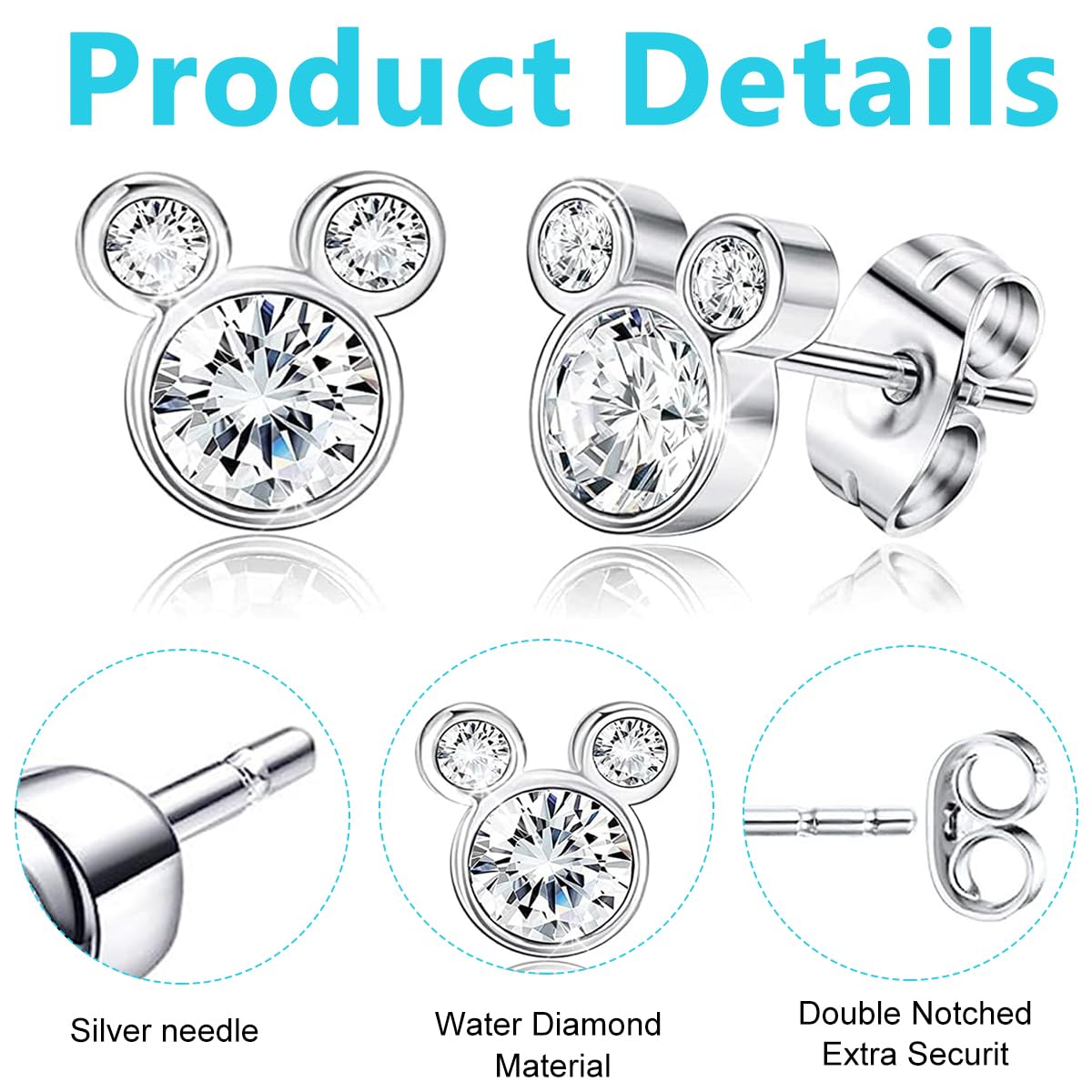 SANNIDHI 1 Pair Silver Earrings for Women Fashion Ear Stud, Sweet Micky Studs Rhinestones Inlaid Studs Earrings for Women Girls Jewelry Gift