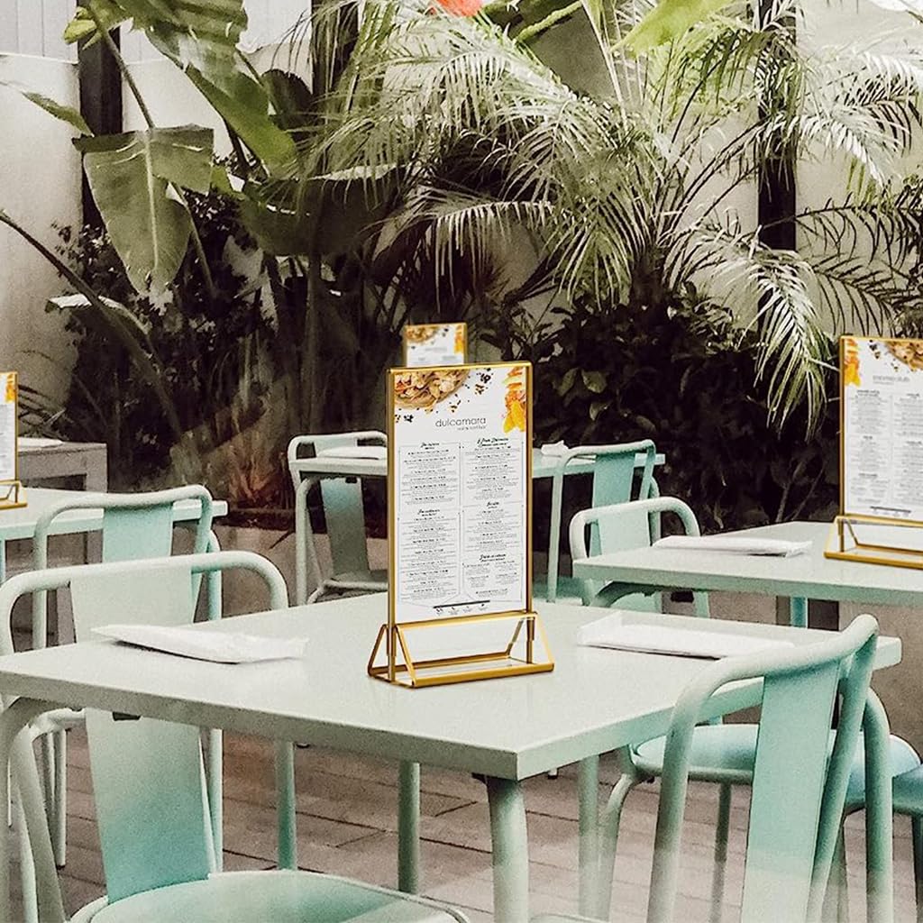 Climberty 6Pcs Acrylic Gold Sign Holders, 5.9x8.2 inch Clear Picture Frames with Gold Borders and Vertical Stand, Double Sided Table Menu Display Stand for Restaurant Signs, Wedding Table and Photos