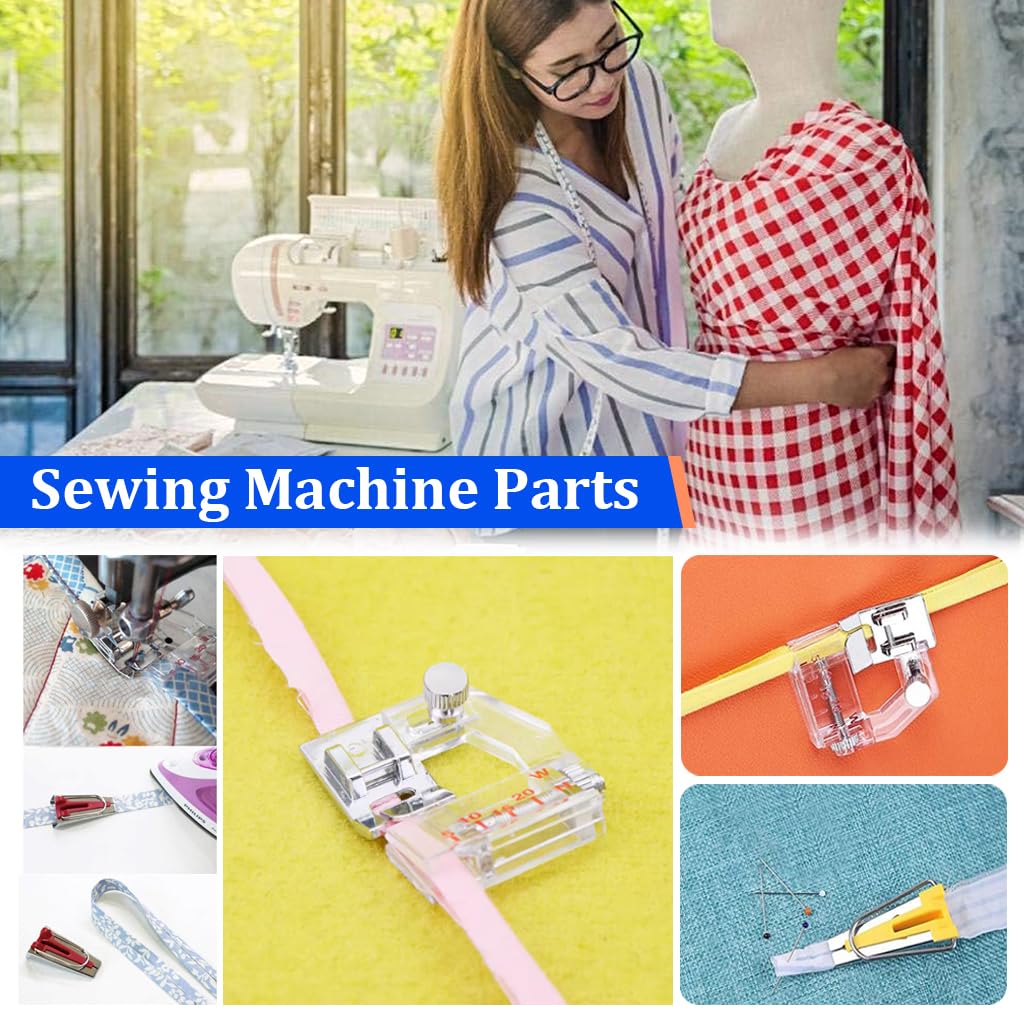 HASTHIP Bias Tape Tool Kit with Instruction, 5 Sizes Bias Tape Maker (6mm 9mm 12mm 18mm 25mm) with 4 Pcs Sewing Machine Presser Foot, Sewing Clips, Ball Point Pins, Awl, for Fabric Sewing